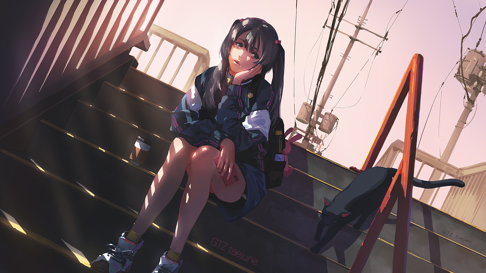 Anime Anime Girls Original Characters Brunette Bangs Pigtails Long Hair Jacket Sitting Stairs Touchi 1600x900