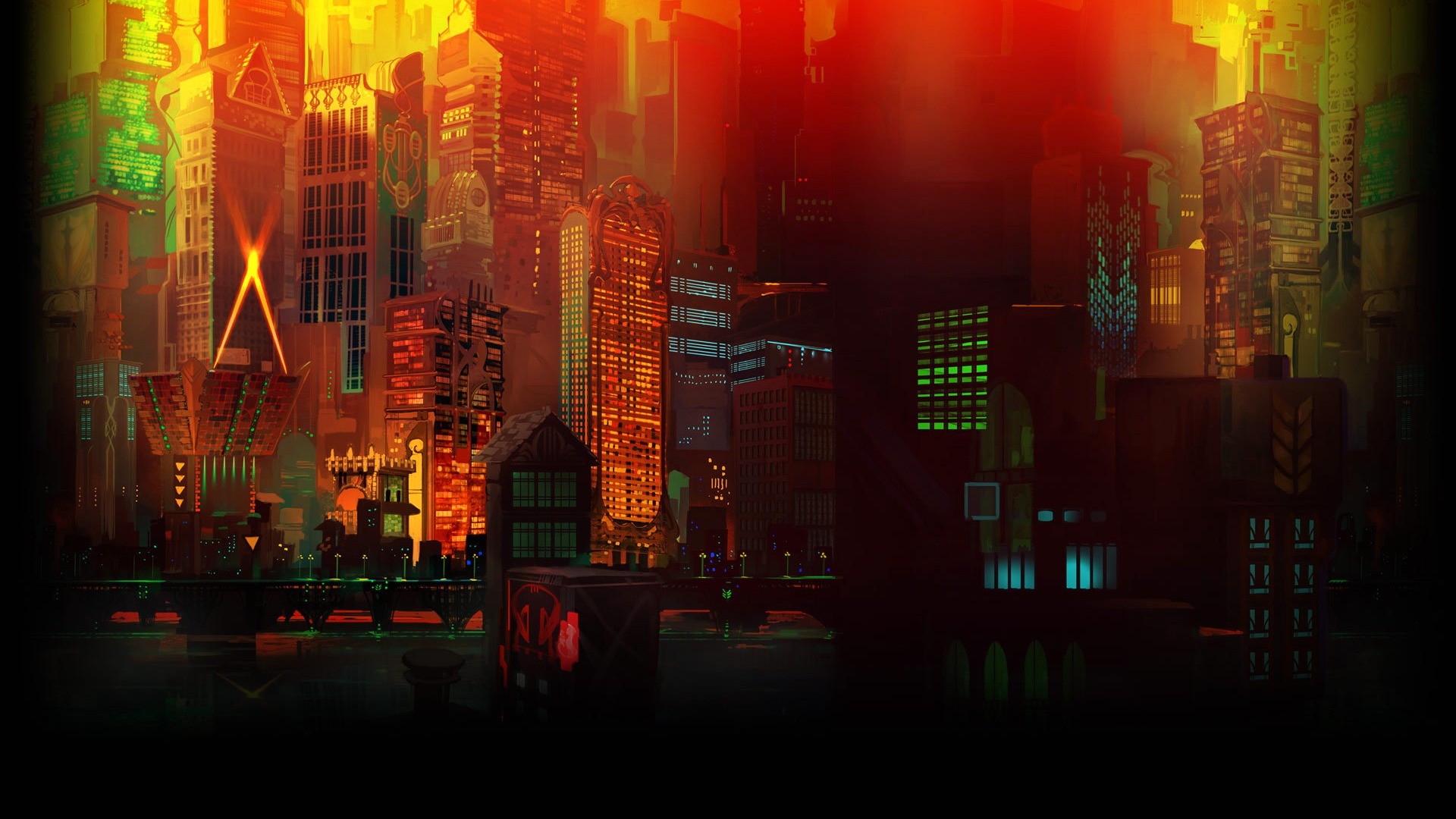 Digital Art Colorful Transistor Building Skyscraper Lights CGi 3D Window Video Games 1920x1080