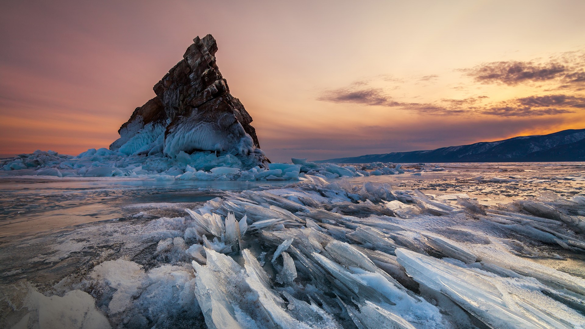 Rocks Ice Mountains Clouds Nature Landscape Sky Sunset Frozen Water Lake Baikal Siberia Russia Winte 1920x1080