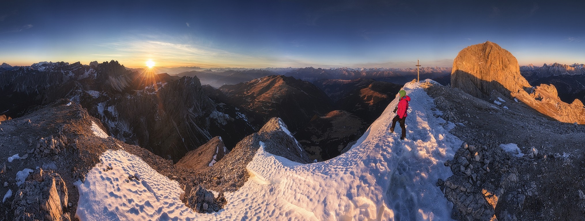 Landscape Nature Dolomites Mountains Sunset Panoramas Snow Summit Cross Hiking Winter Italy 2030x770
