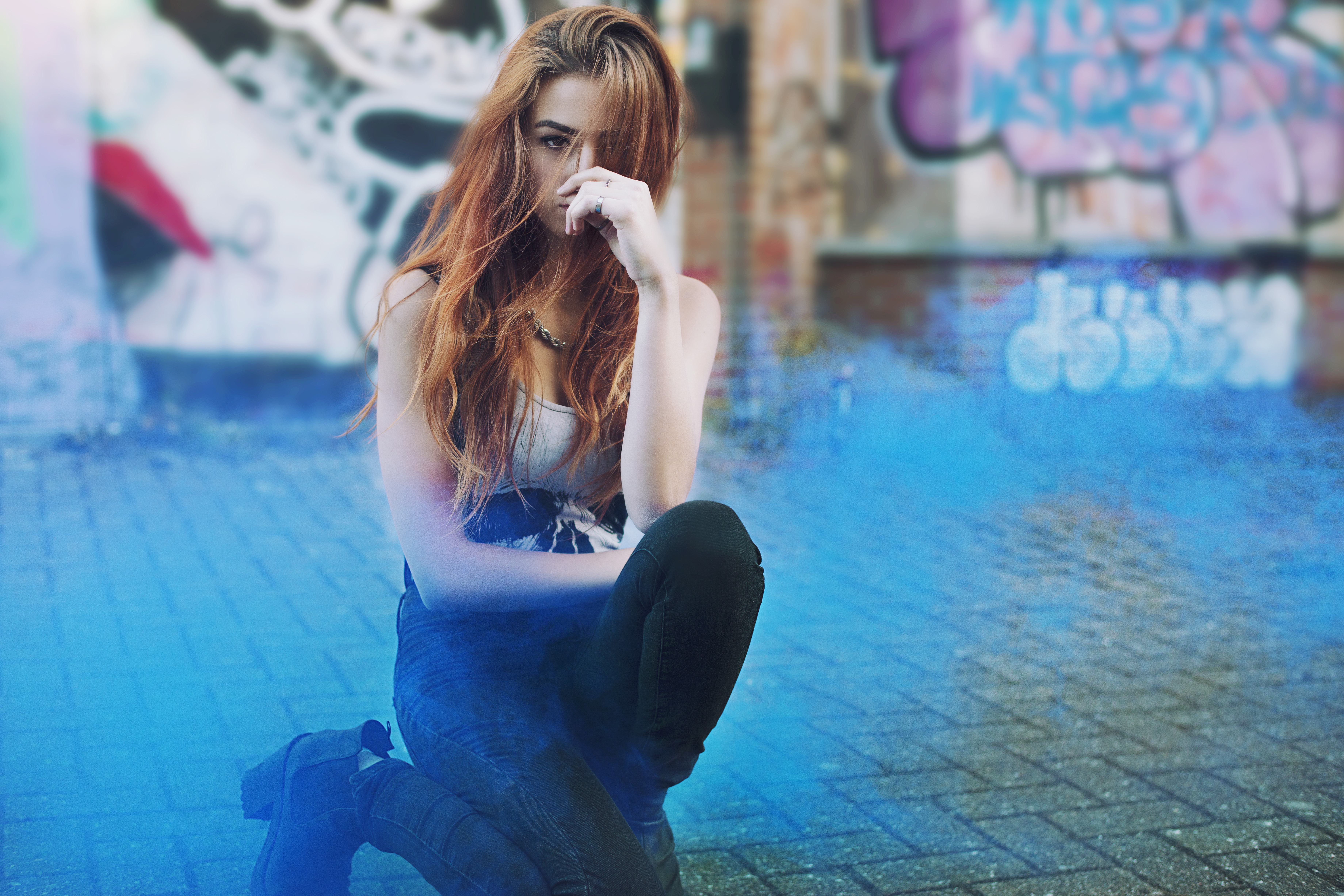 Redhead Brown Eyes White Tops Jeans High Heels Colored Smoke Street Anastasia Vervueren Women 7360x4912