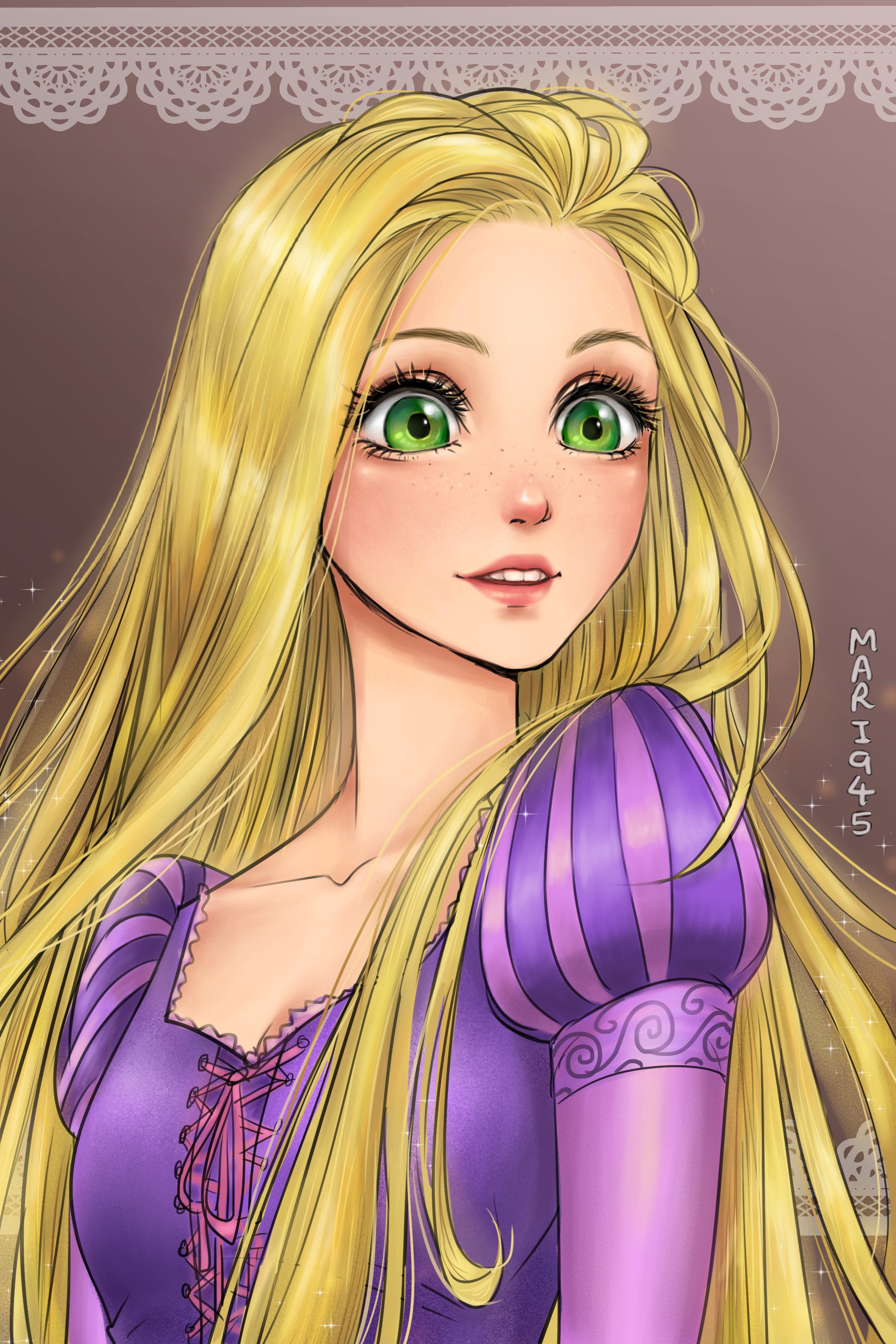 Rapunzel Blonde Women Dress Pink Purple Fantasy Art Green Eyes Long Hair 2000x3000