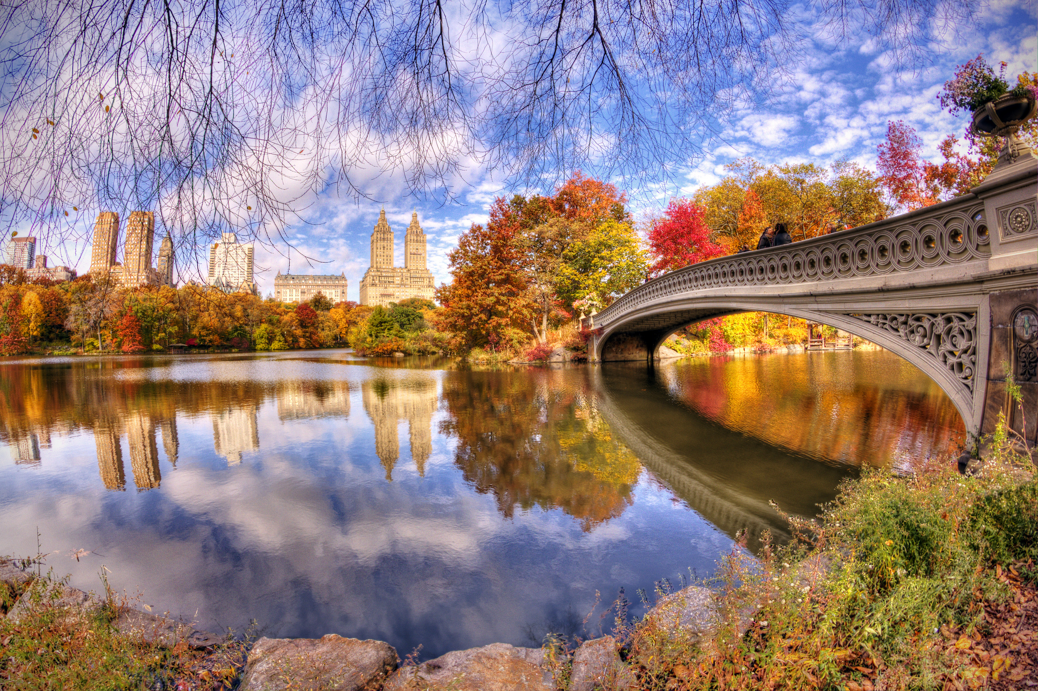 Central Park Pond Bridge Tree Fall Foliage New York Reflection 2048x1365