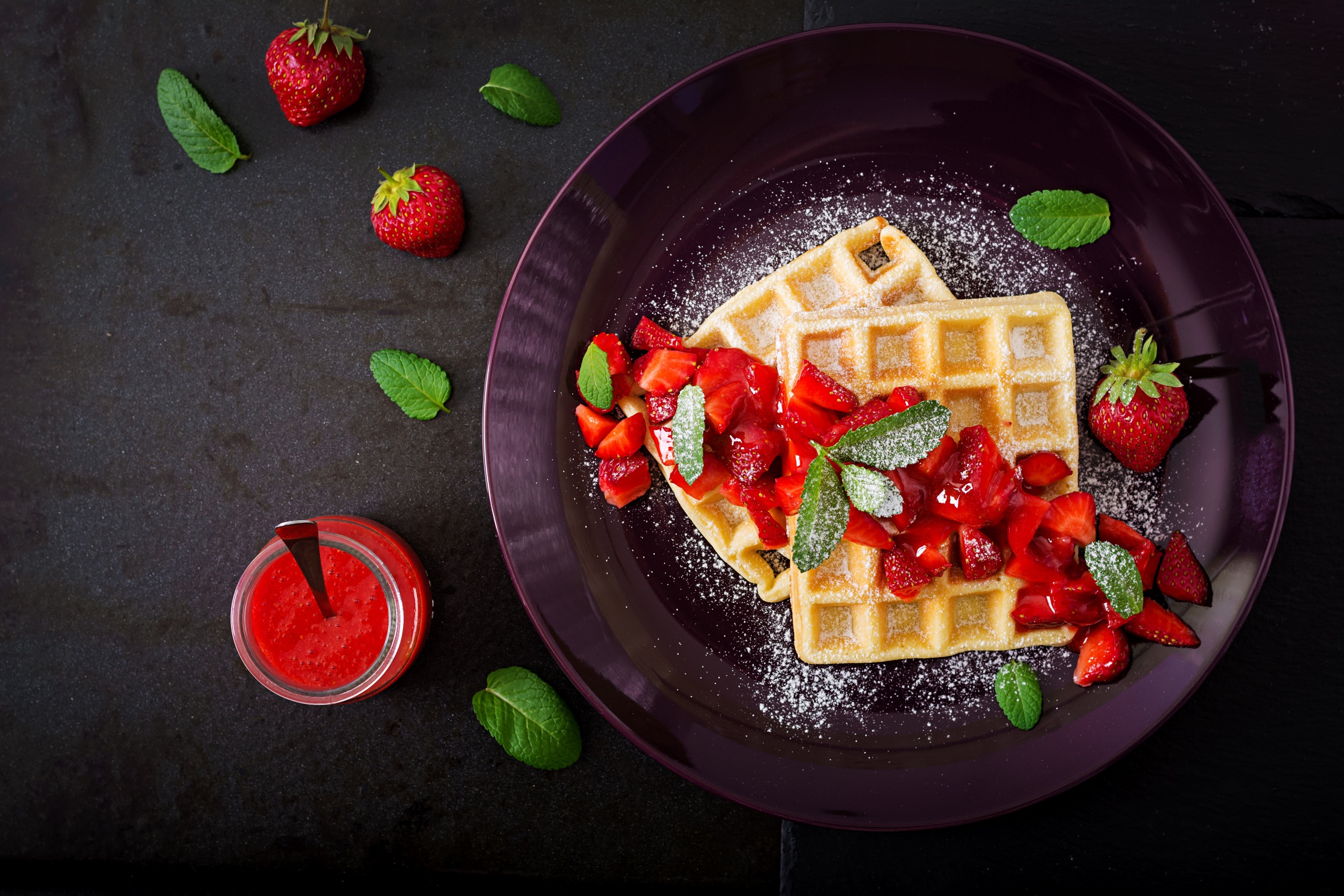 Waffles Fruit Food Still Life Strawberries Mint Leaves Sugar Plates 2560x1707