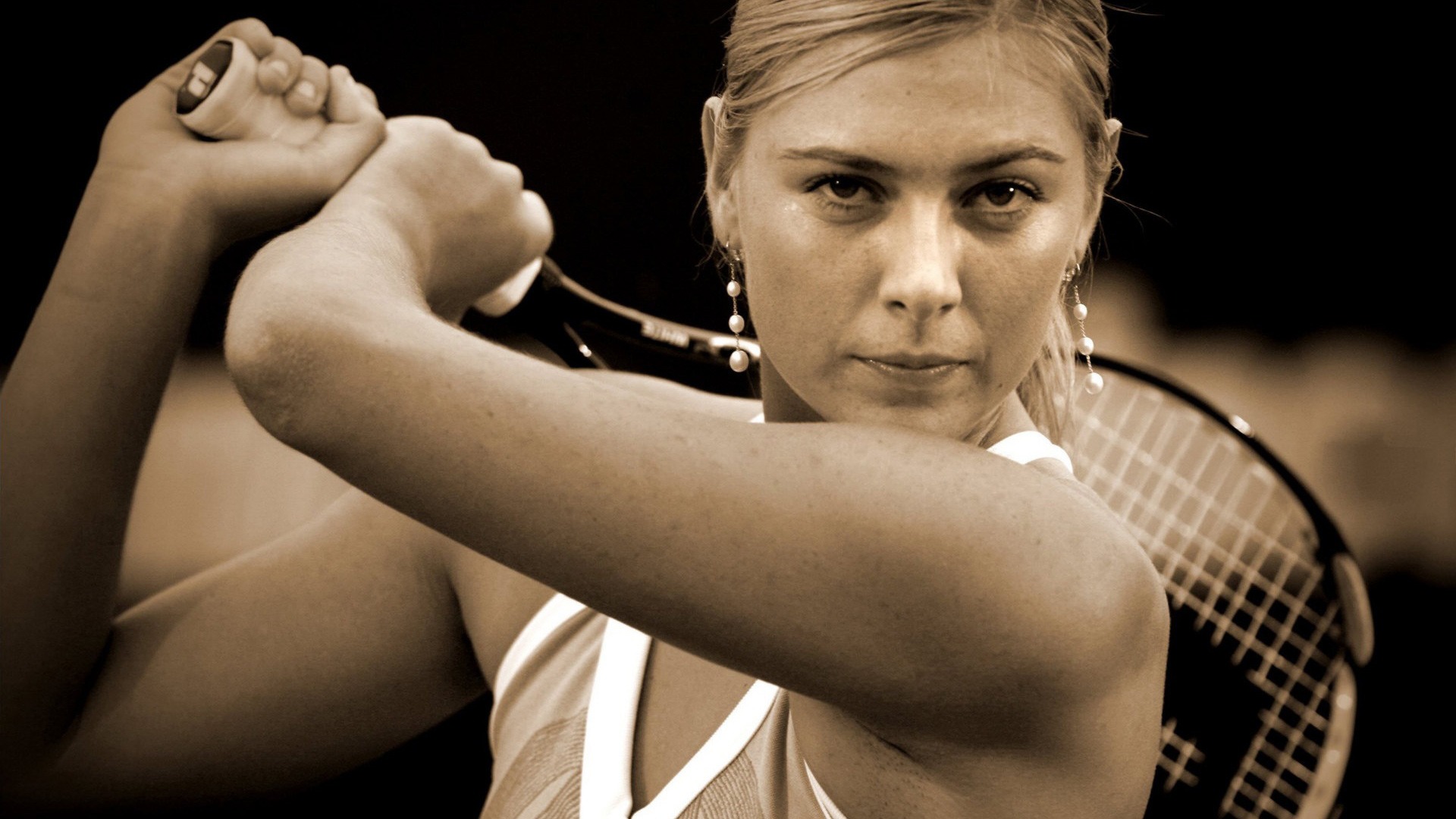 Women Tennis Player Blonde Long Hair Maria Sharapova Sepia Tennis Rackets Face Bare Shoulders Playin 1920x1080