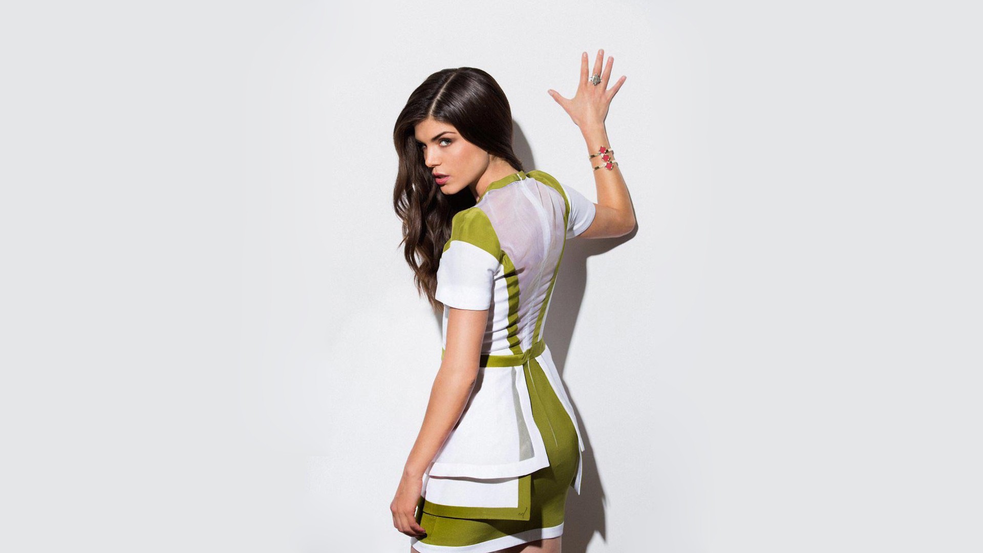 Marie Avgeropoulos Model Brunette Simple Background Dress Actress The 100 Hands Arms Up Looking At V 1920x1080