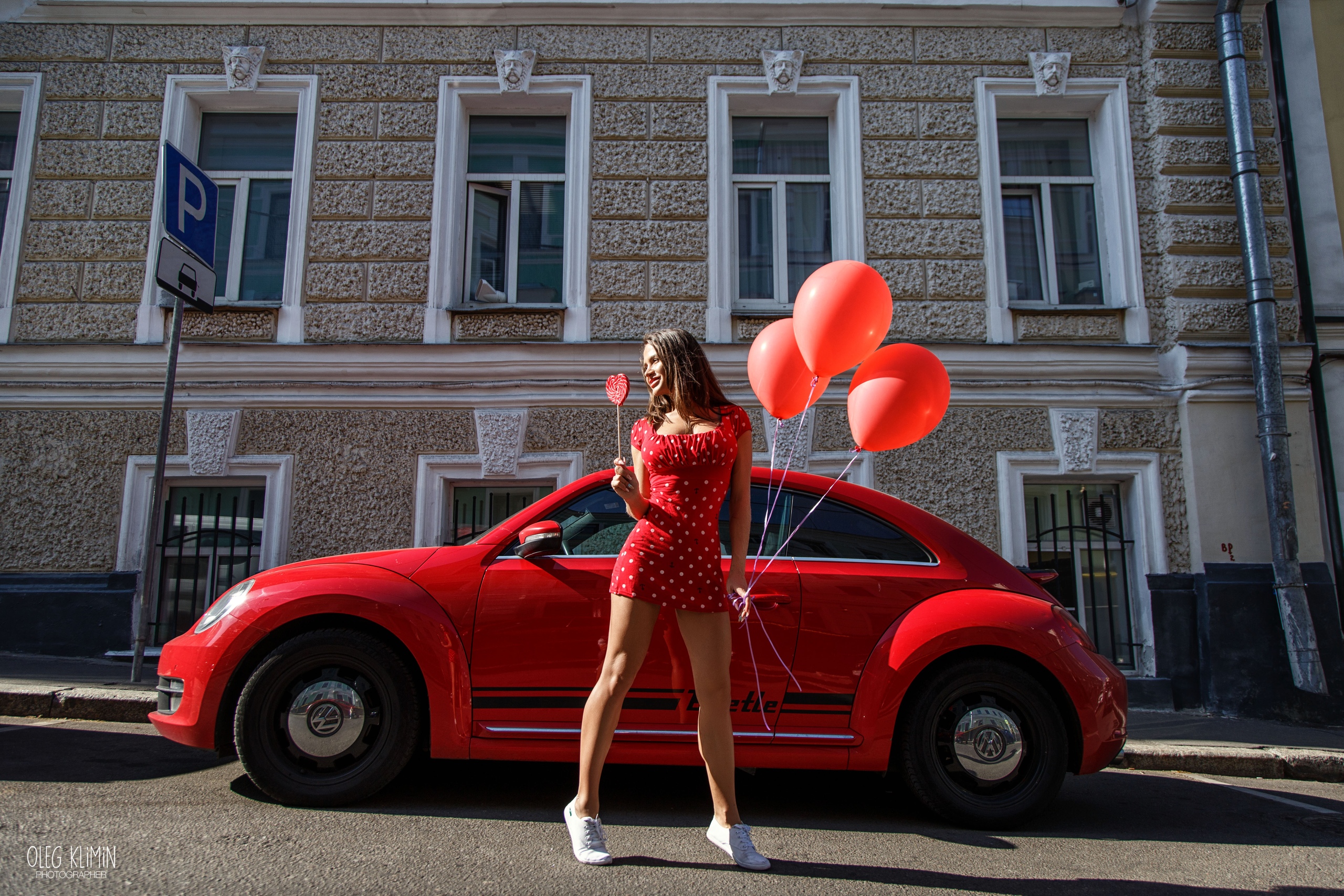 Women Oleg Klimin Balloon Polka Dots Women With Cars Red Dress Sneakers Smiling Lollipop Brunette Wo 2560x1707