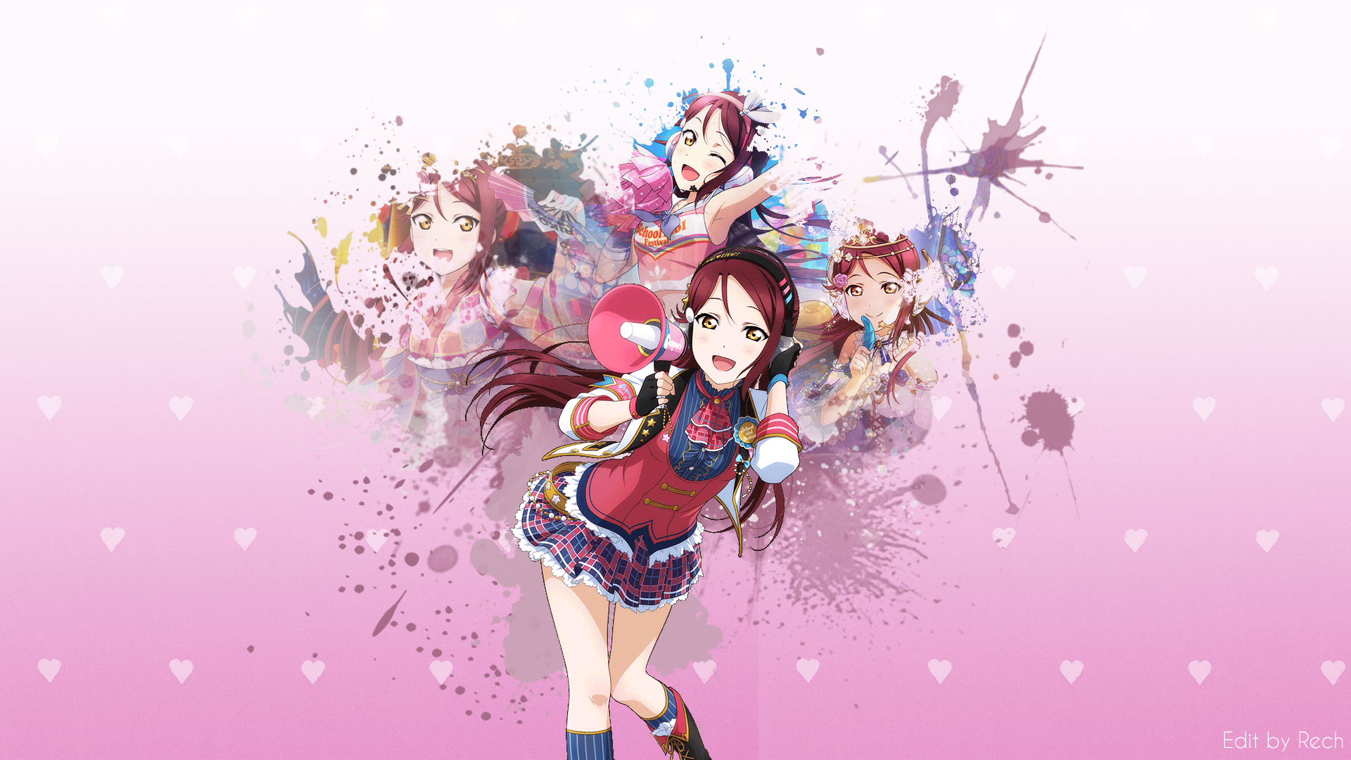 Love Live Sunshine Sakurauchi Riko Anime Girls Megaphones Open Mouth Purple Background Anime 1920x1080