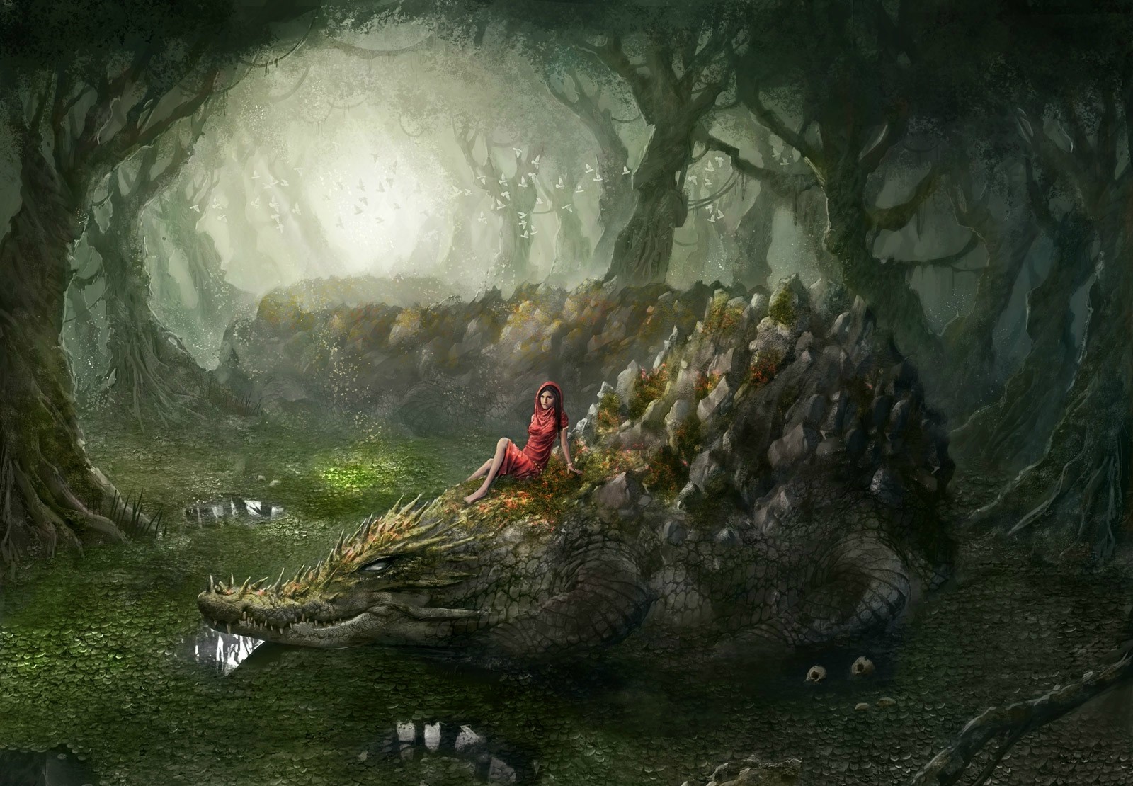 Fantasy Art Artwork Fantasy Girl Creature Environment Crocodile Crocodiles Digital Art Swamp 1600x1110