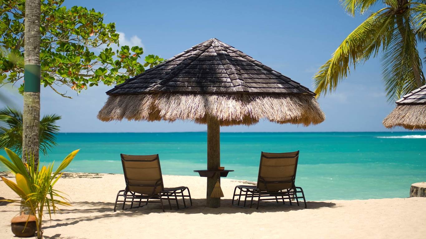 Island Beach Umbrella Palm Trees Sand Sea Tropical Nature Vacation Landscape Summer Turquoise Green 1366x768