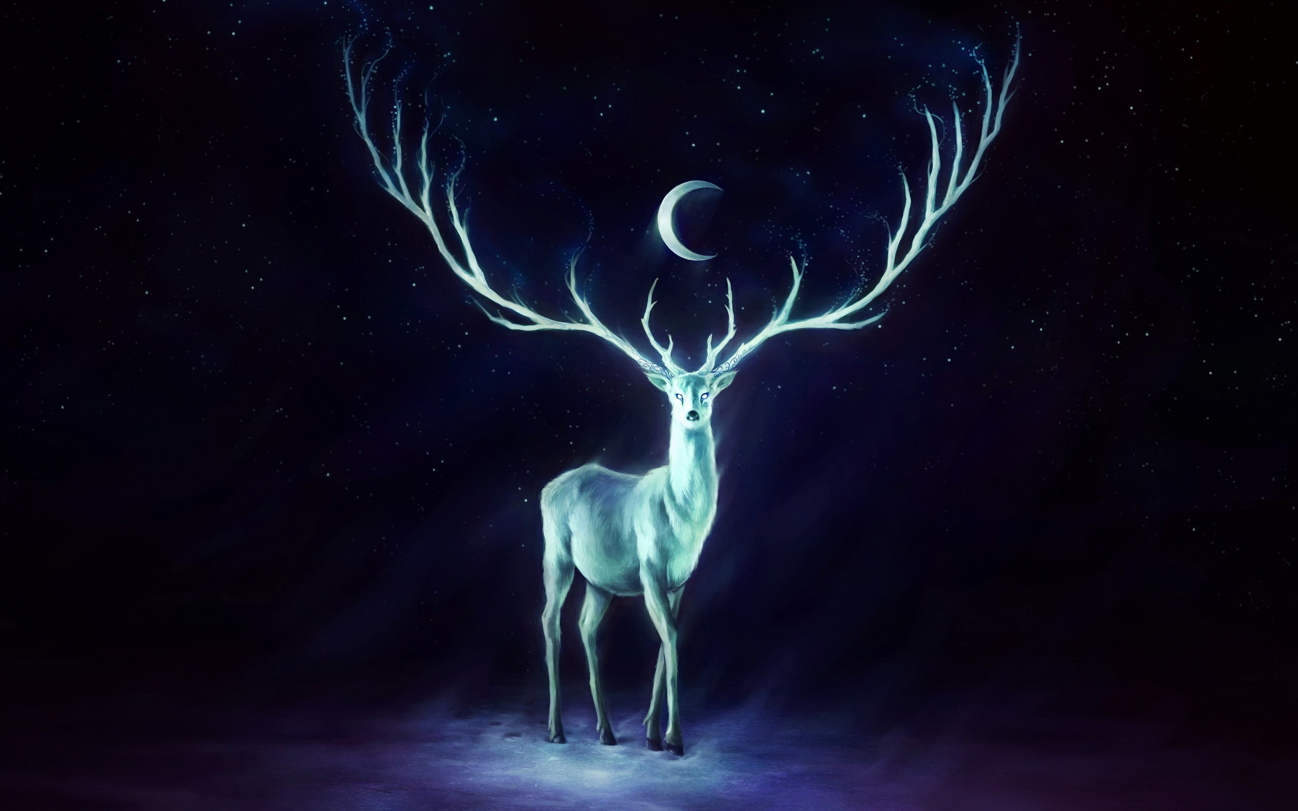 Artwork Crescent Moon Painting Deer Antlers Stags Fantasy Art Animals Cyan Violet 2560x1600