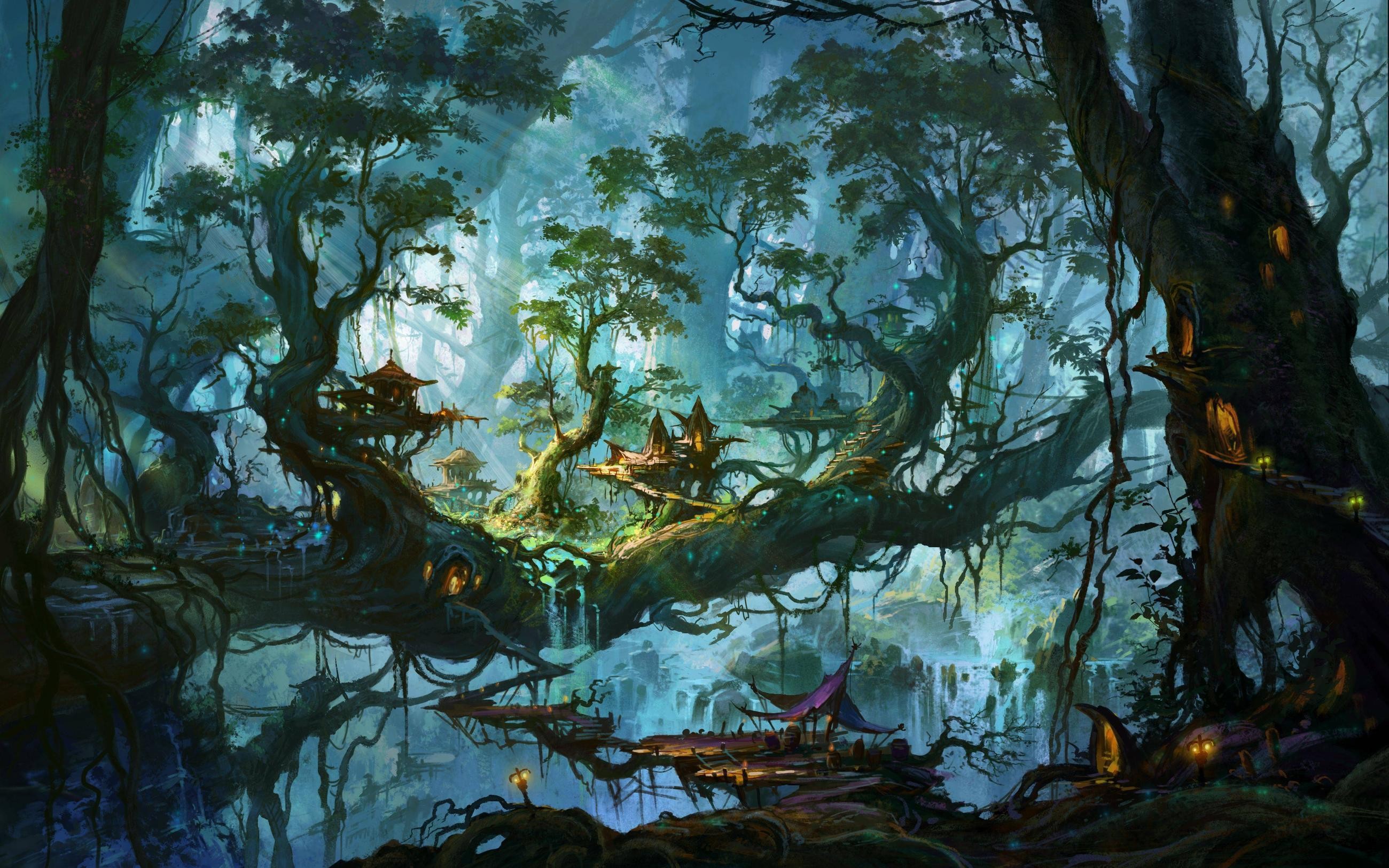 Fantasy Art Artwork Digital Art Forest Trees Waterfall Tree House 2600x1625