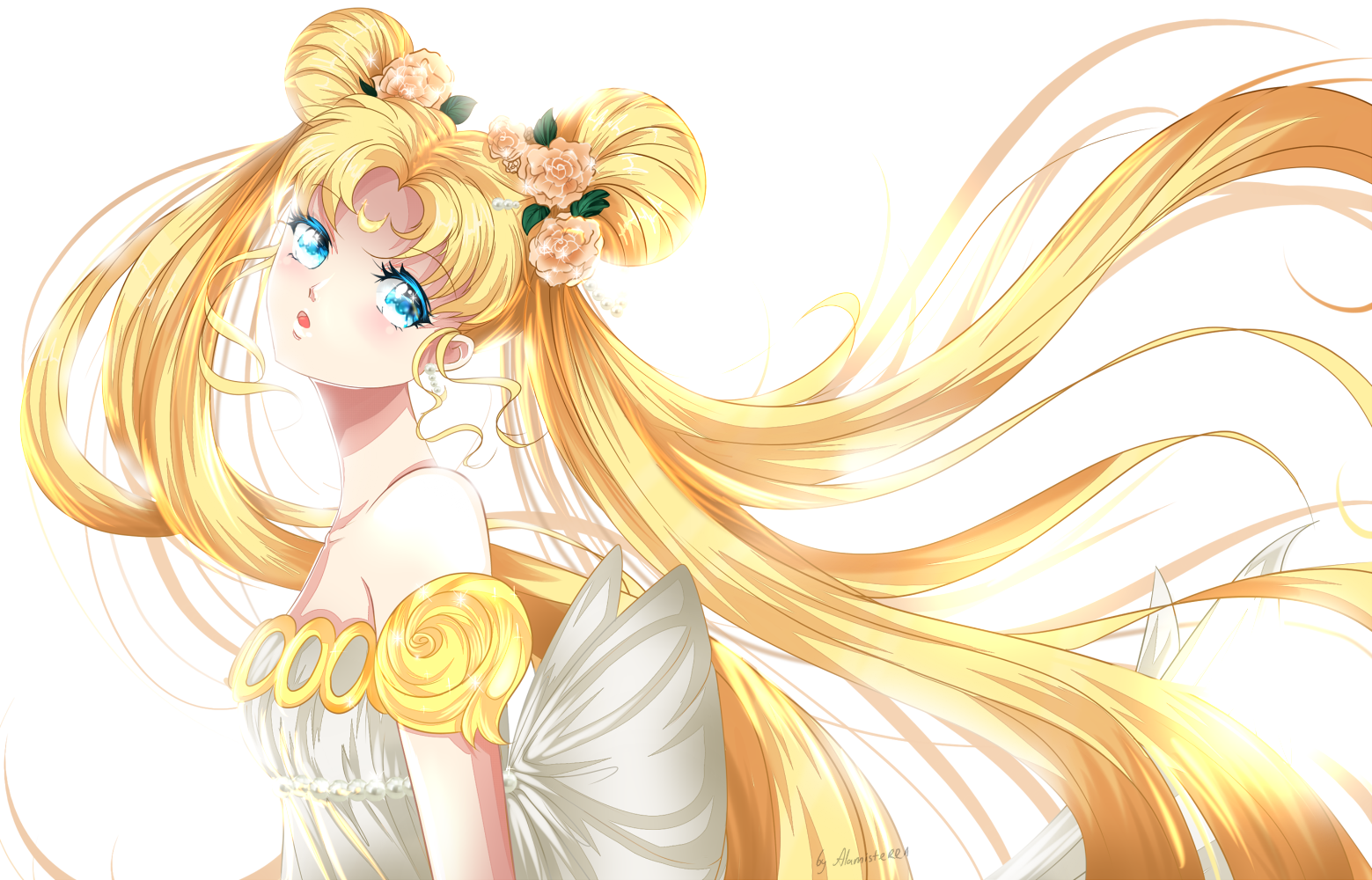 Tsukino Usagi Long Hair Blonde Aqua Eyes Twintails Dress Flowers Bow Anime 1559x1000