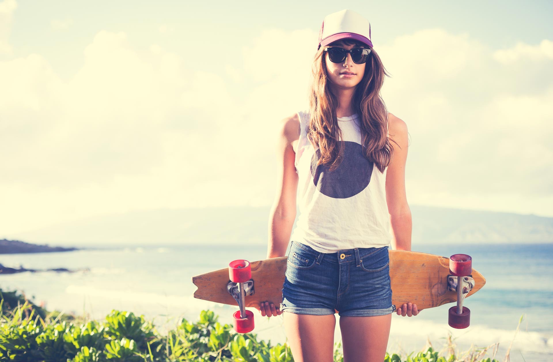Brunette Women Outdoors Women Blonde Sunglasses Baseball Caps Longboard Skateboard 1920x1257