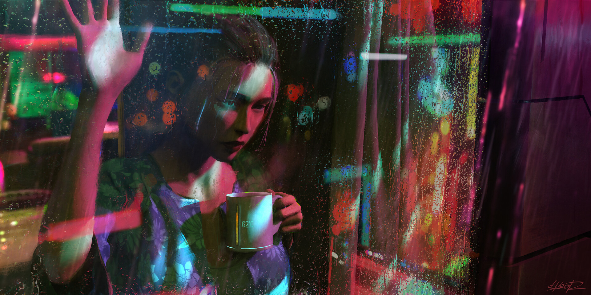 Digital Digital Art Artwork Synthwave Neon Neon Glow Neon Lights Glass Water Drops Wall Cup Coffee C 1920x960