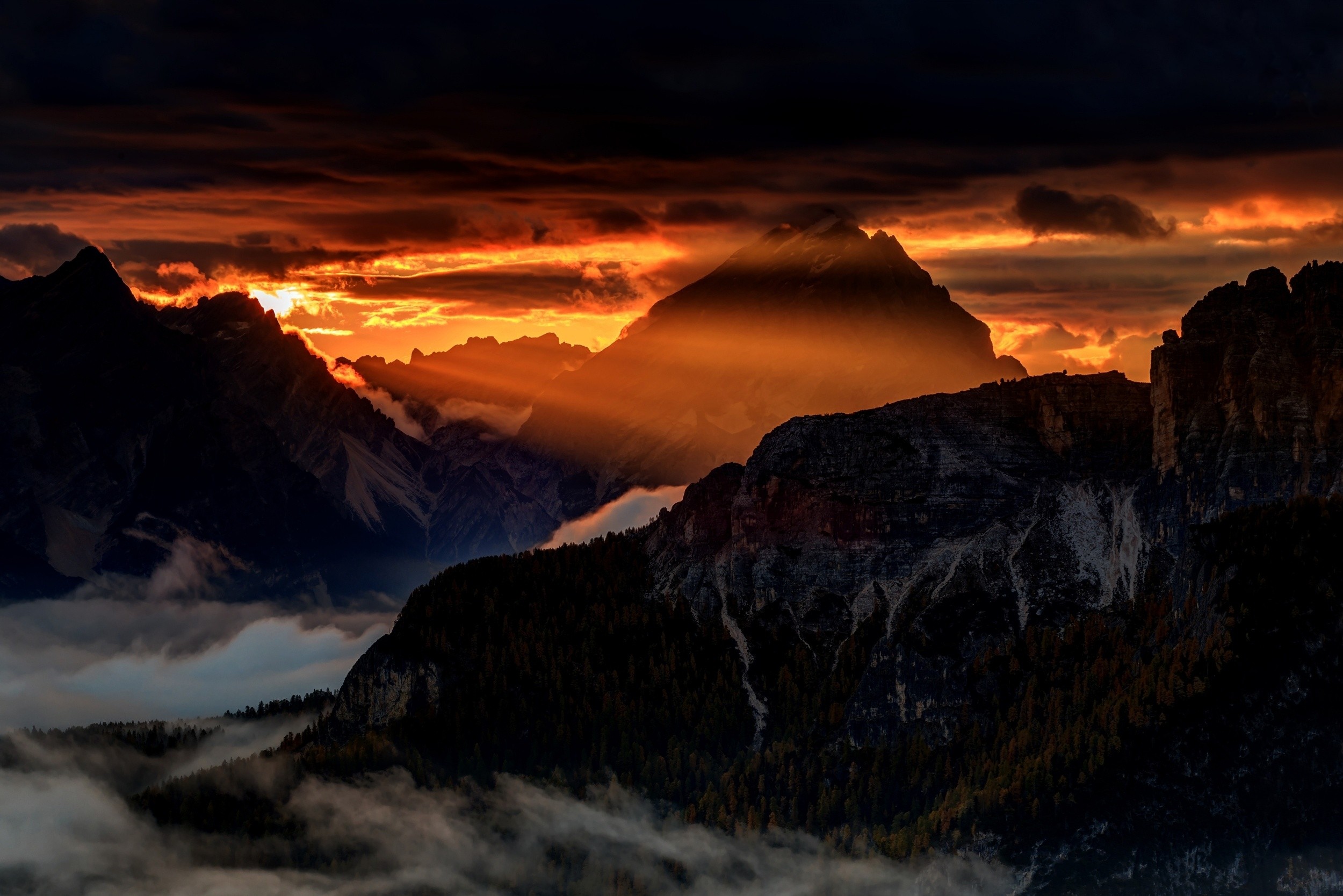 Landscape Nature Mist Mountains Sun Rays Dolomites Mountains Alps Clouds Sky Forest Italy 2500x1667