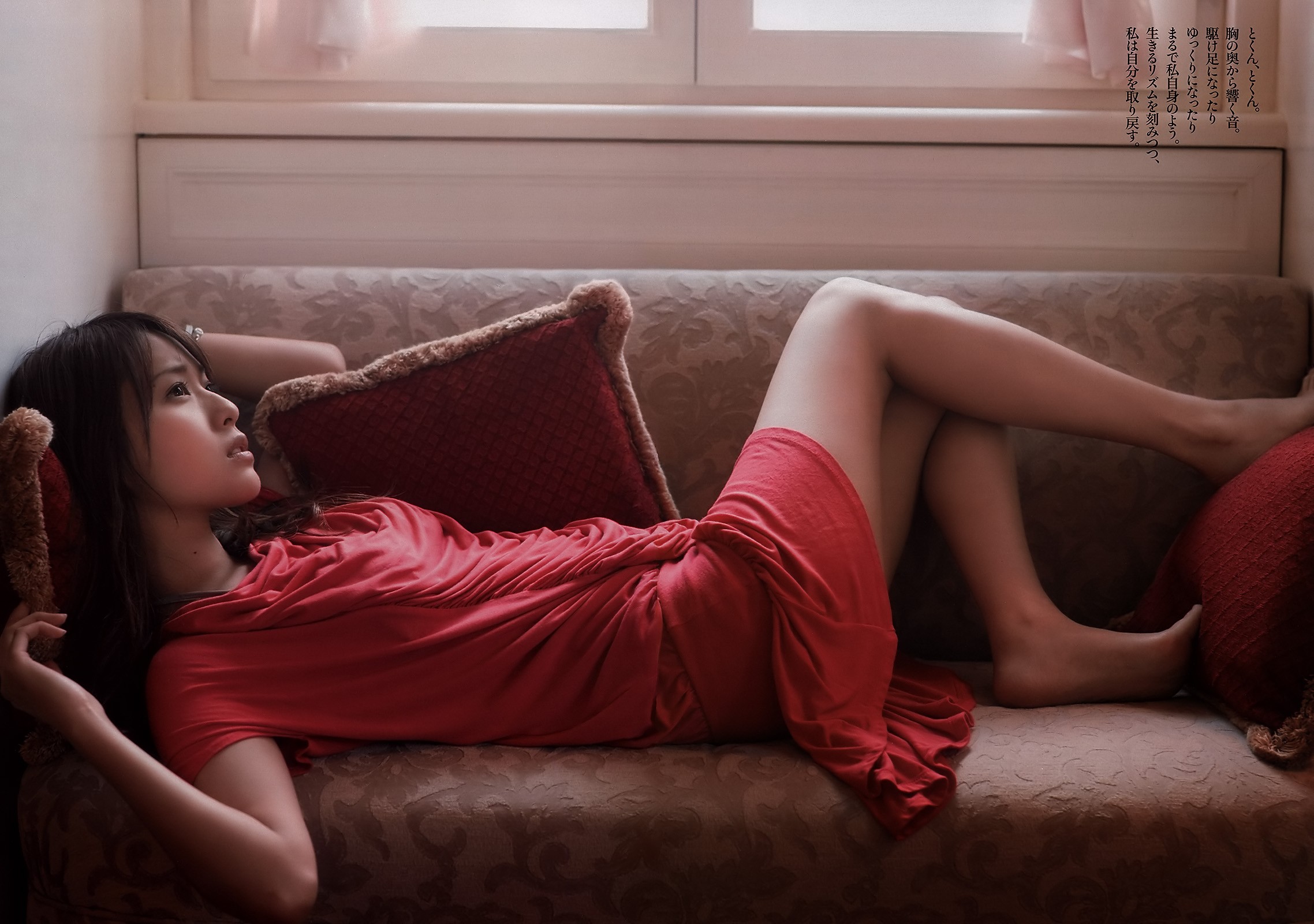 Women Asian Couch Red Dress Cushions Model Legs 2276x1600
