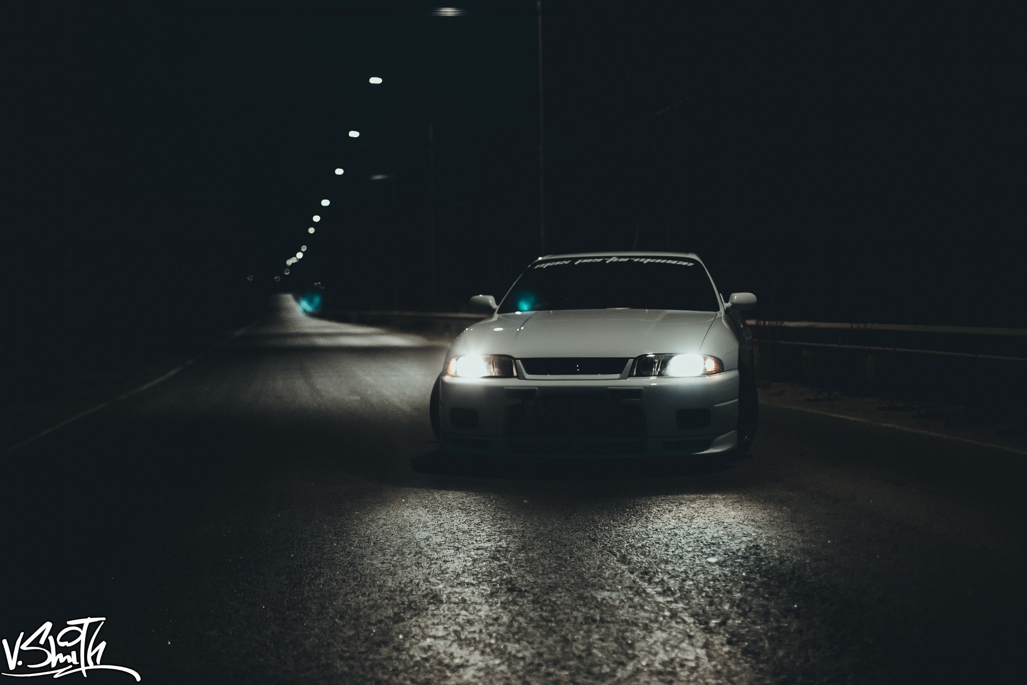 Car Nissan Skyline GT R Night Asphalt Nissan White Cars Vehicle Road 2048x1366