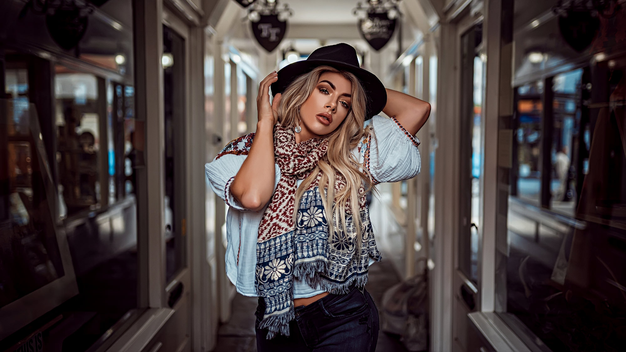 Women Blonde Portrait Hat Jeans Scarf Glass Reflection Tillie Feather 2000x1125