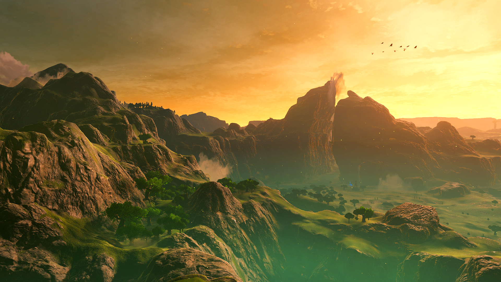 The Legend Of Zelda The Legend Of Zelda Breath Of The Wild Mountains Dusk Trees Birds Sky Clouds Lan 1920x1080