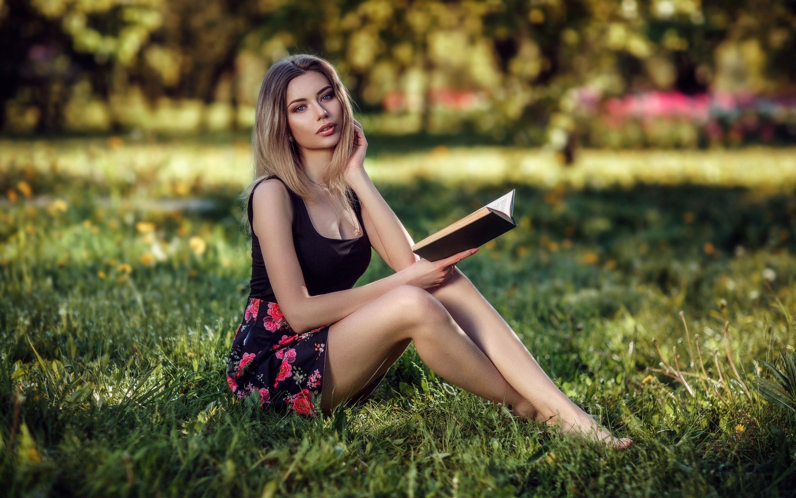 Women Blonde Sitting Grass Books Portrait Depth Of Field Women Outdoors Legs Blue Eyes Dress Face Re 2560x1600