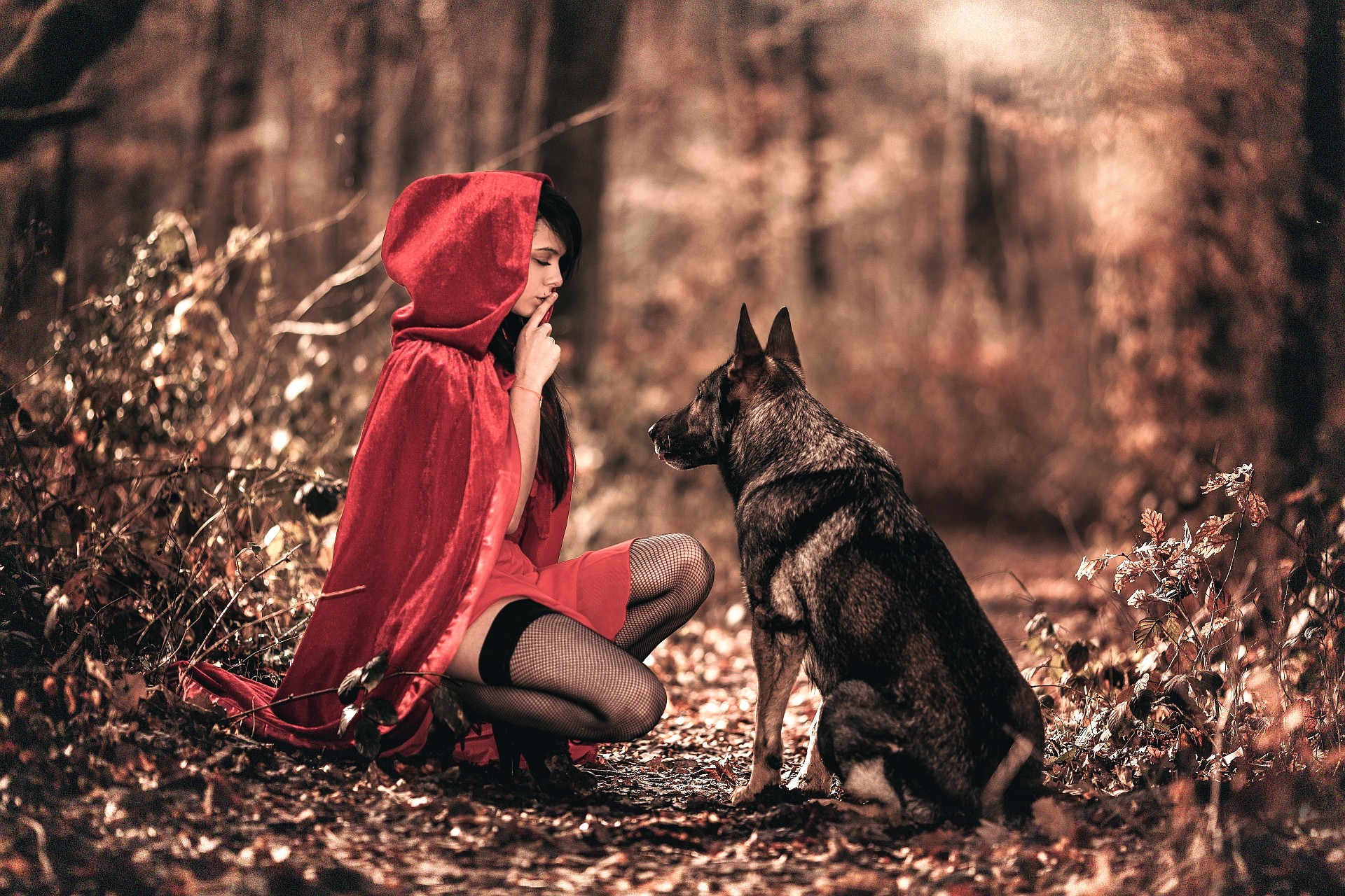 Fantasy Art Women Outdoors Animals Little Red Riding Hood Finger On Lips Filter 1920x1280