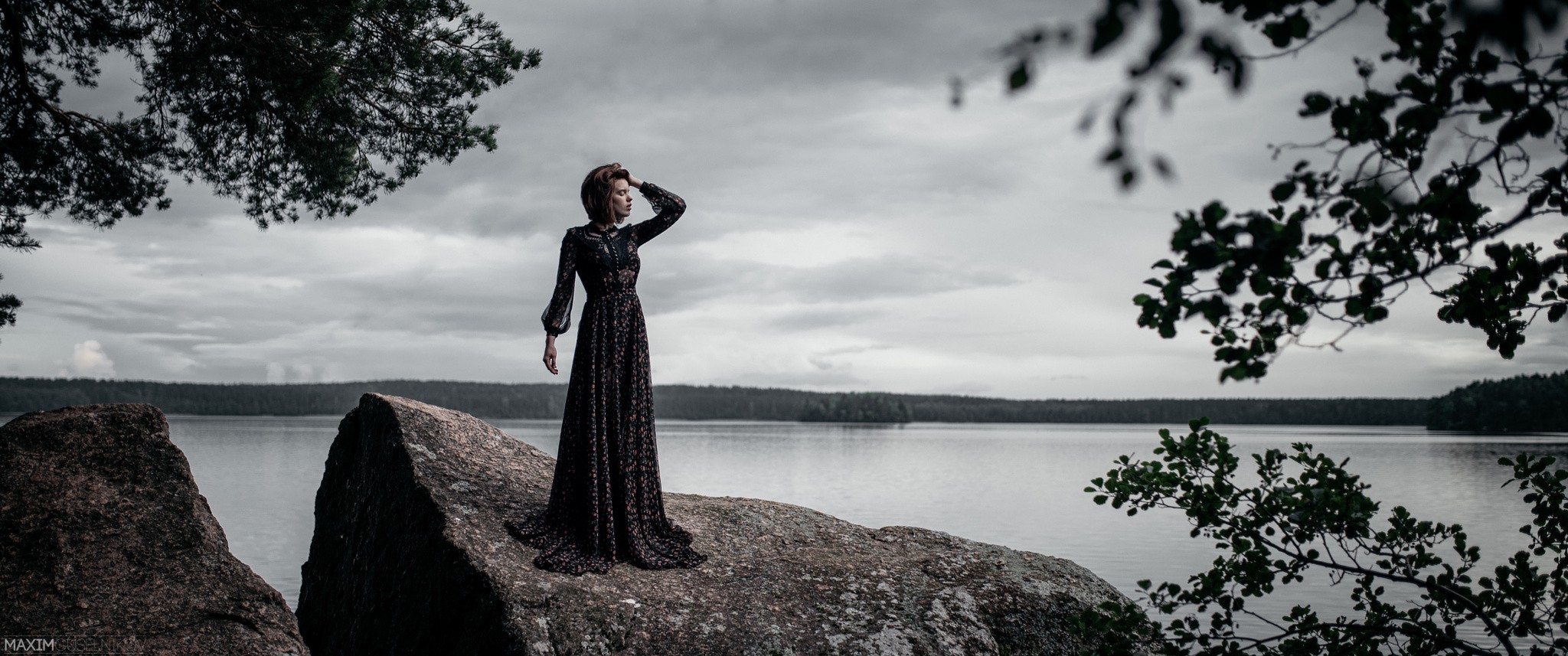 Women Model Alina Bazanova Dress Rock Hands In Hair Short Hair Women Outdoors Maxim Guselnikov 2048x857