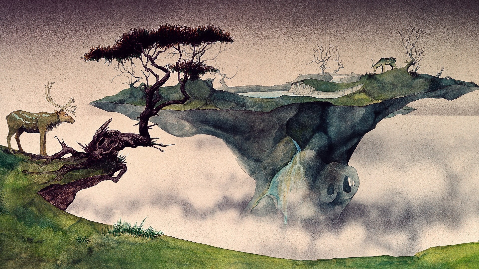 Fantasy Art Digital Art Floating Island Nature Animals Deer Trees Mist Lake Painting Watercolor Ink  1920x1080