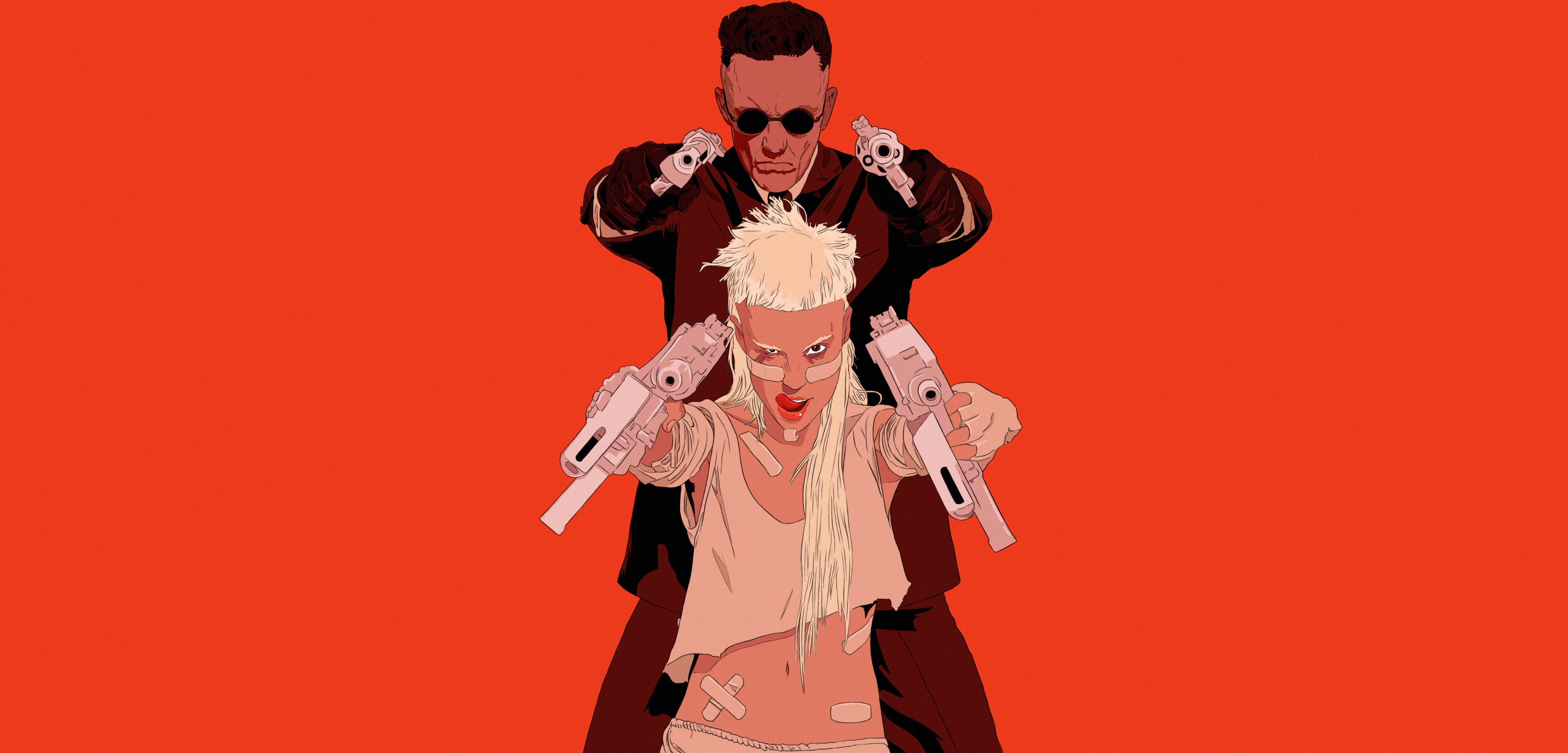 Red Background Simple Background Men Women Artwork Gun Weapon Illustration Tongue Out Yolandi Visser 4000x1920