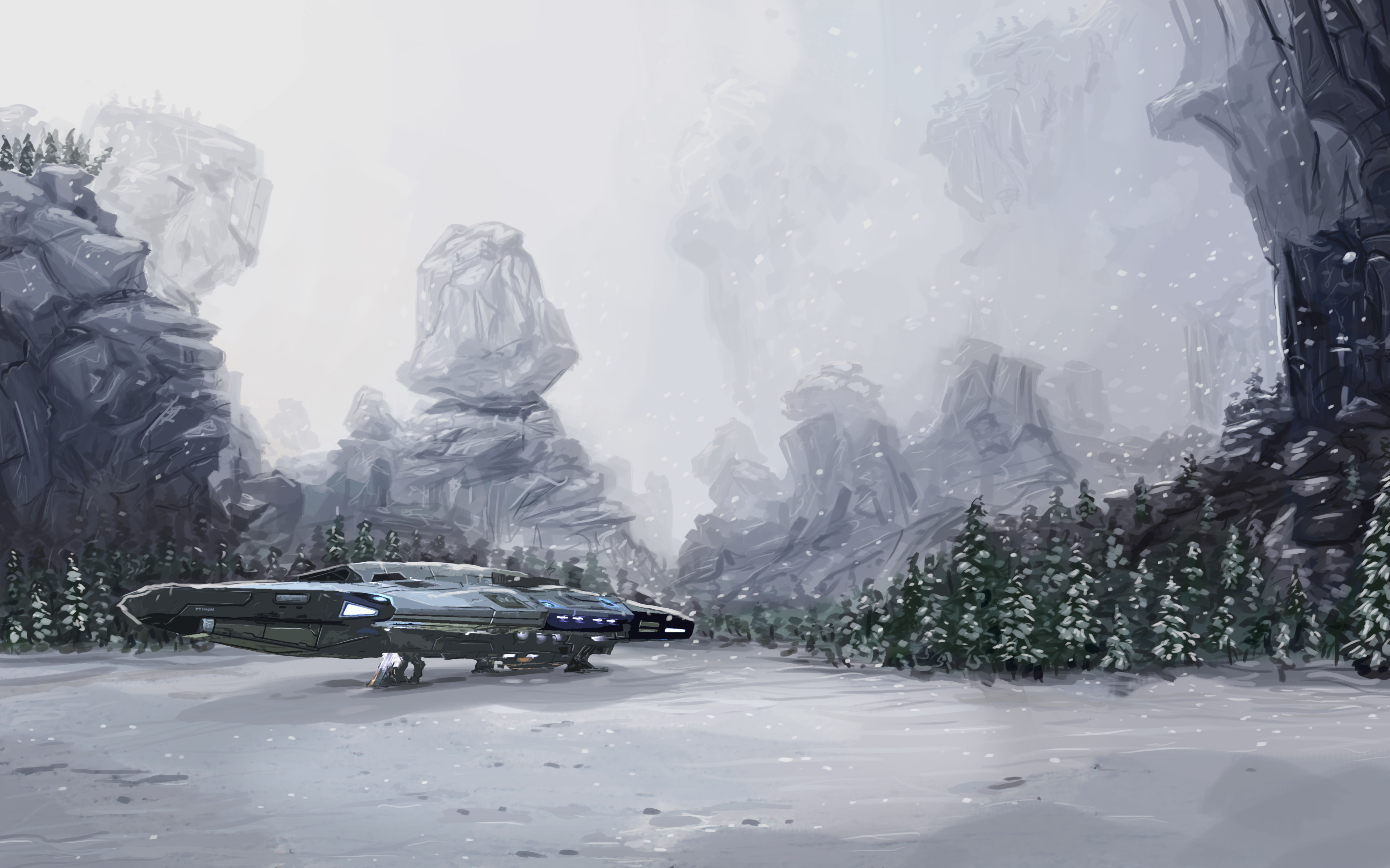 Elite Dangerous Spaceship Science Fiction Snow Winter Kev Art 3840x2400