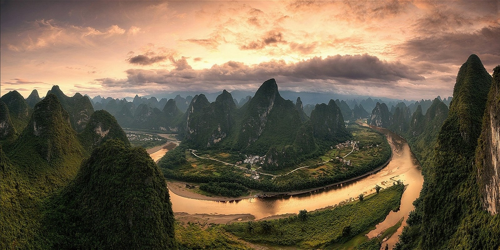 Nature Landscape Clouds Panoramas River Mountains Hills Field Town Forest China Without People 1600x800