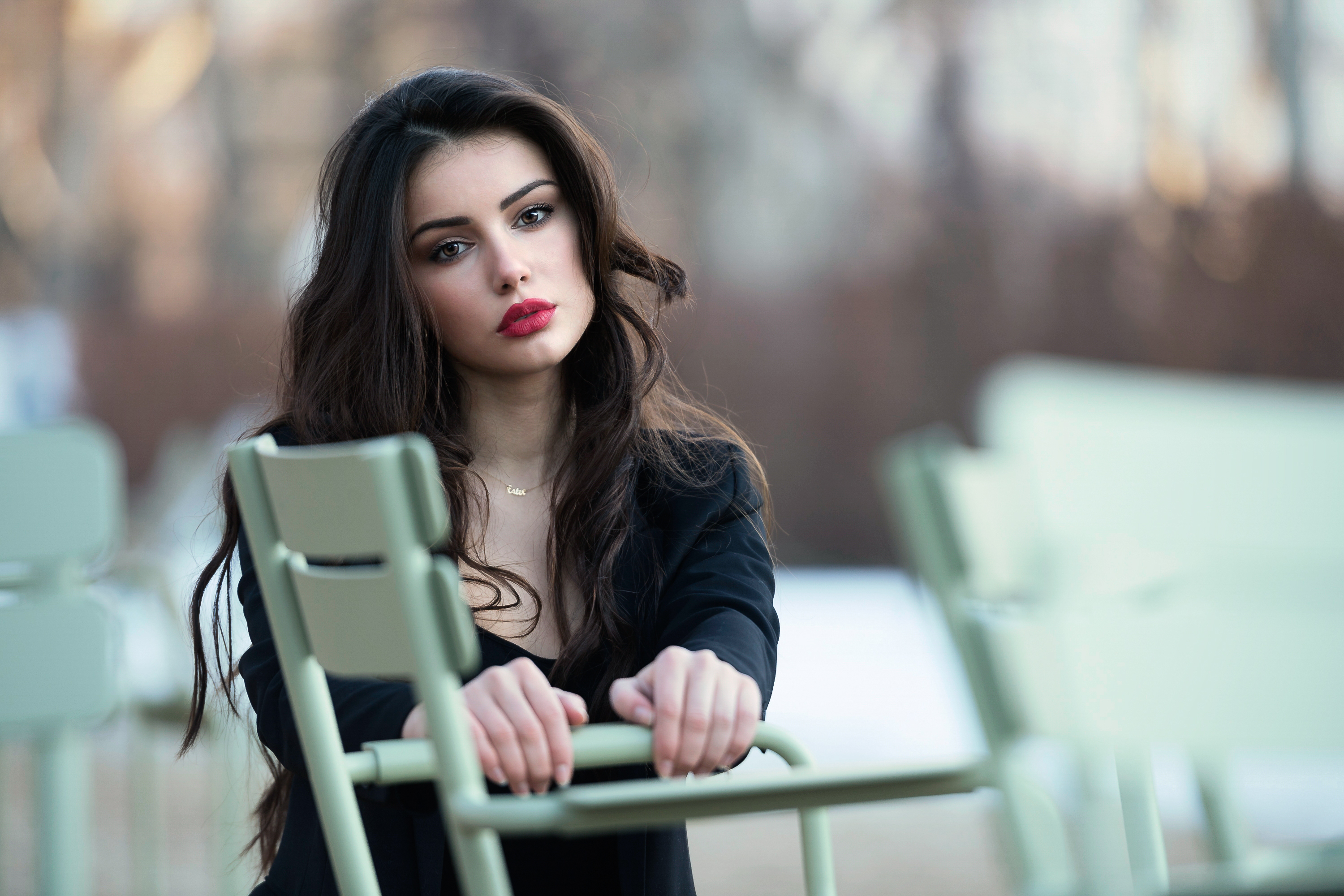 Women Luigi Malanetto Brunette Brown Eyes Red Lipstick Black Shirt Looking At Viewer Bokeh Depth Of  3000x2000