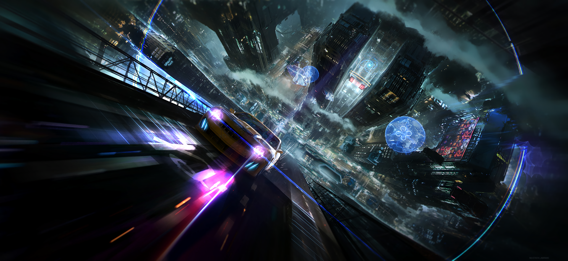 Artwork Digital Art Vehicle Car City Racing Wall Science Fiction Cyberpunk Road Mustafa Lamrani 1920x884