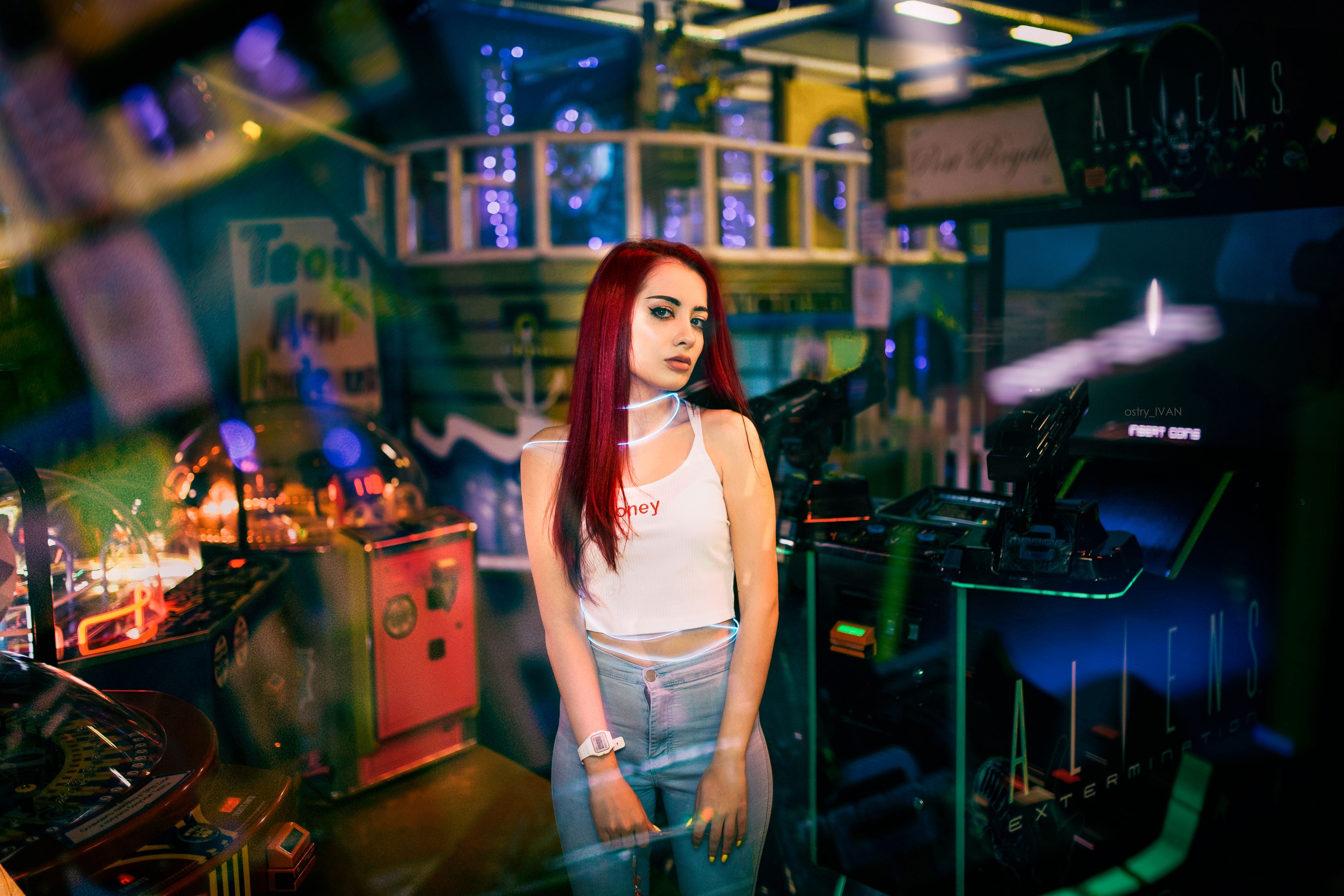 Women Model Redhead Looking At Viewer Indoors Portrait Bokeh Arcade Video Games Depth Of Field White 2560x1707