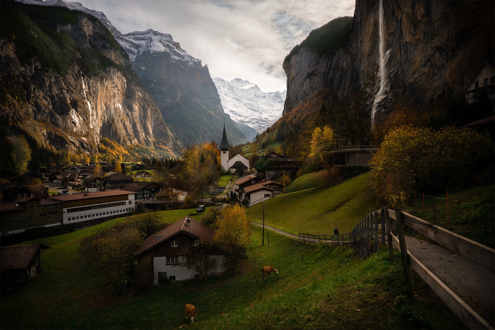 Switzerland Landscape Nature Mountains Alps Cow Snow Valley Clouds House Church Path Andrey Brandis  2000x1334
