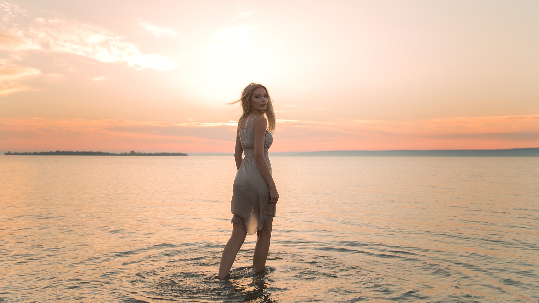 Women Model Blonde Outdoors Portrait In Water Sea Sunset Horizon Dress Looking At Viewer Aleksey Loz 1800x1013