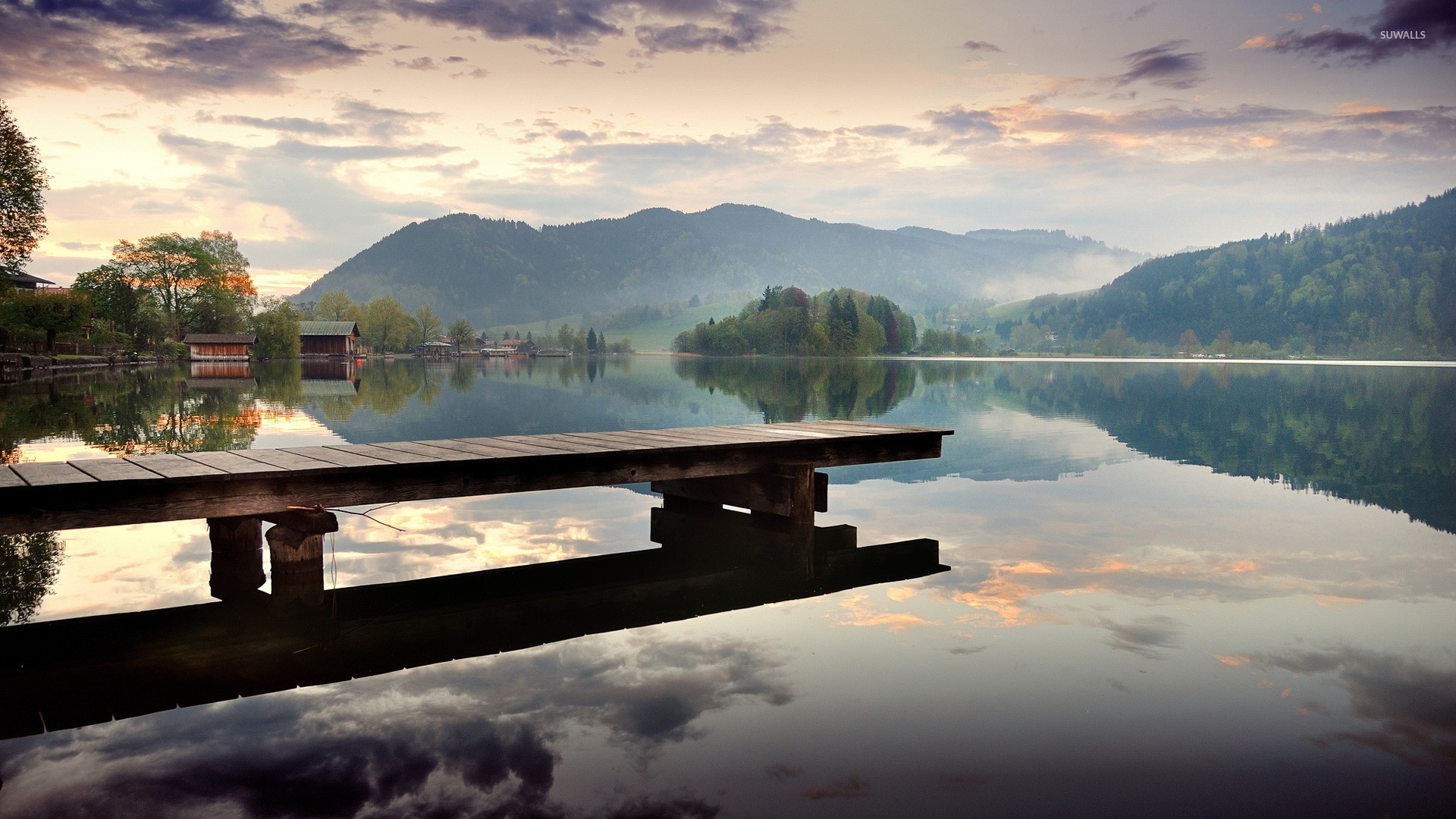 Nature Landscape Guatemala Water Lake Pier Cabin Trees Forest Hills Clouds Reflection Mist 1920x1080