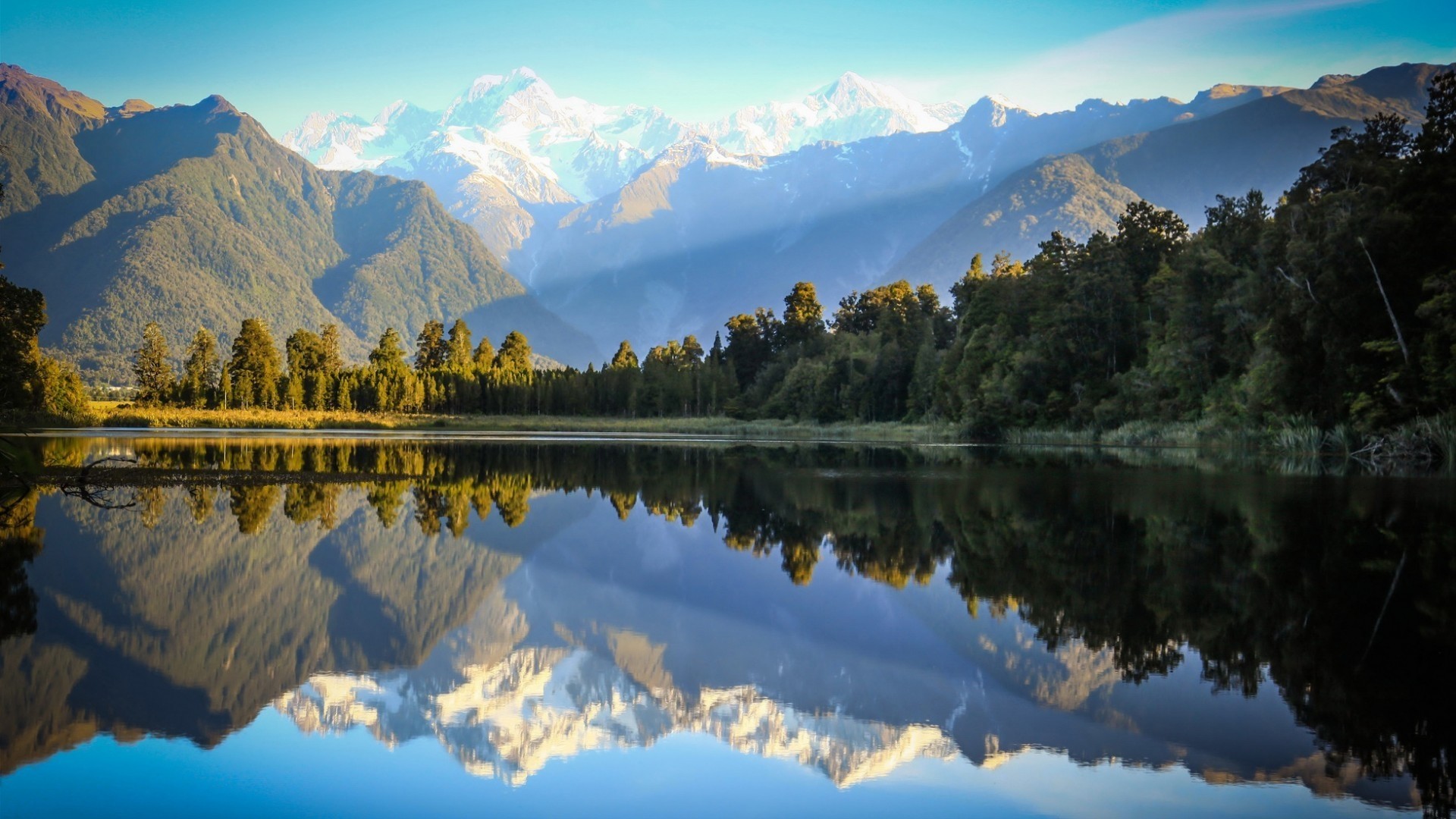 Nature Landscape Trees Forest Hills Mountains Sky New Zealand Snowy Peak Water Lake Mirrored Reflect 1920x1080