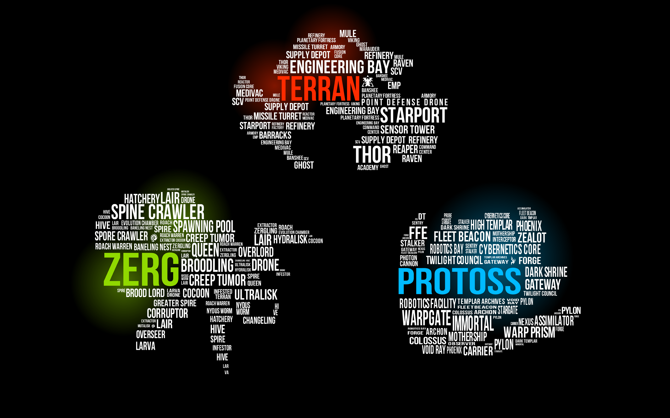 StarCraft Starcraft Ii Zerg Terrans Protoss Word Clouds Typography Video Games 2560x1600