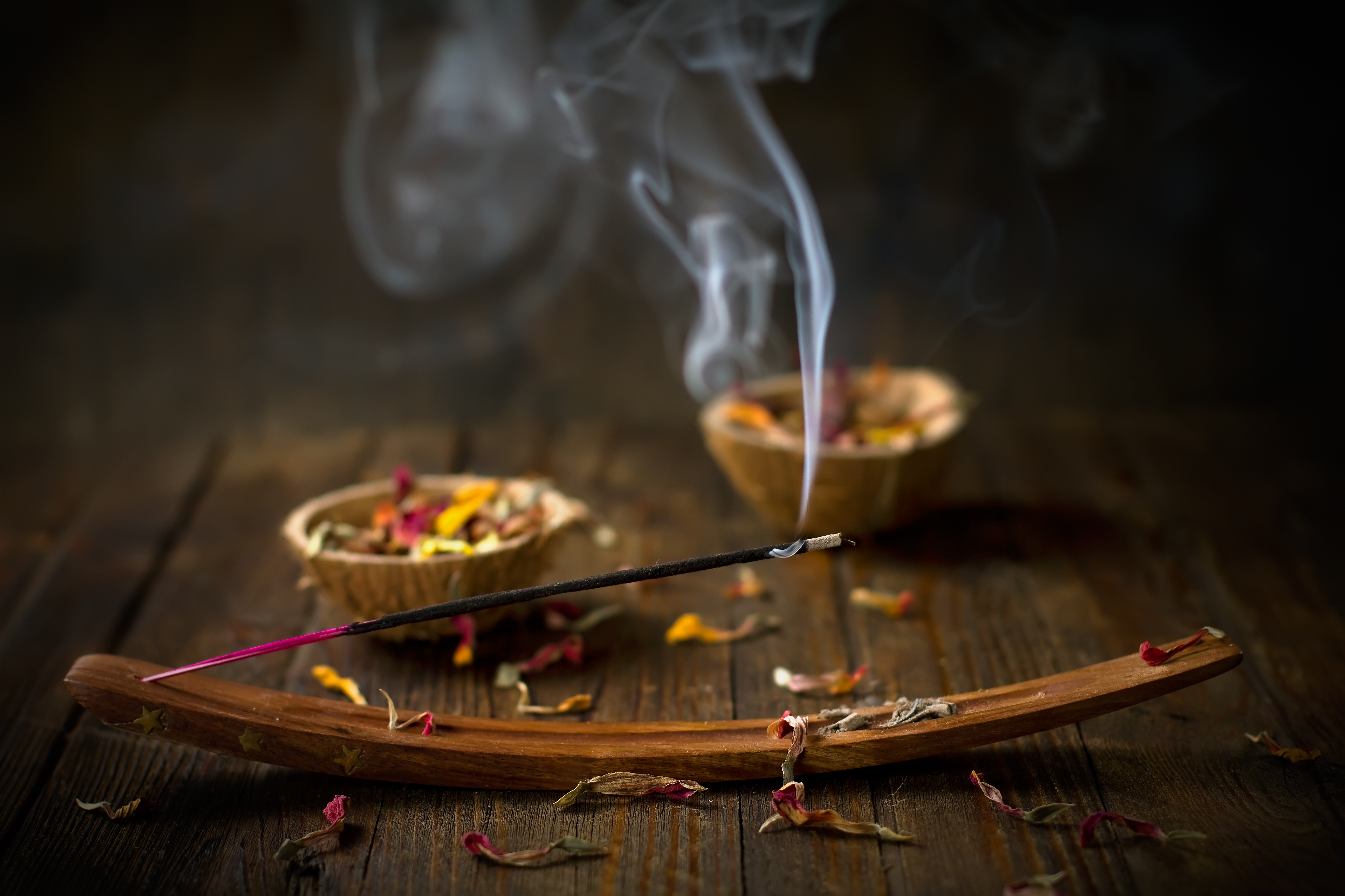 Relaxing Meditation Calm Natural Light Incense Still Life Chill Out Smoke Petals Brown Wood 5184x3456