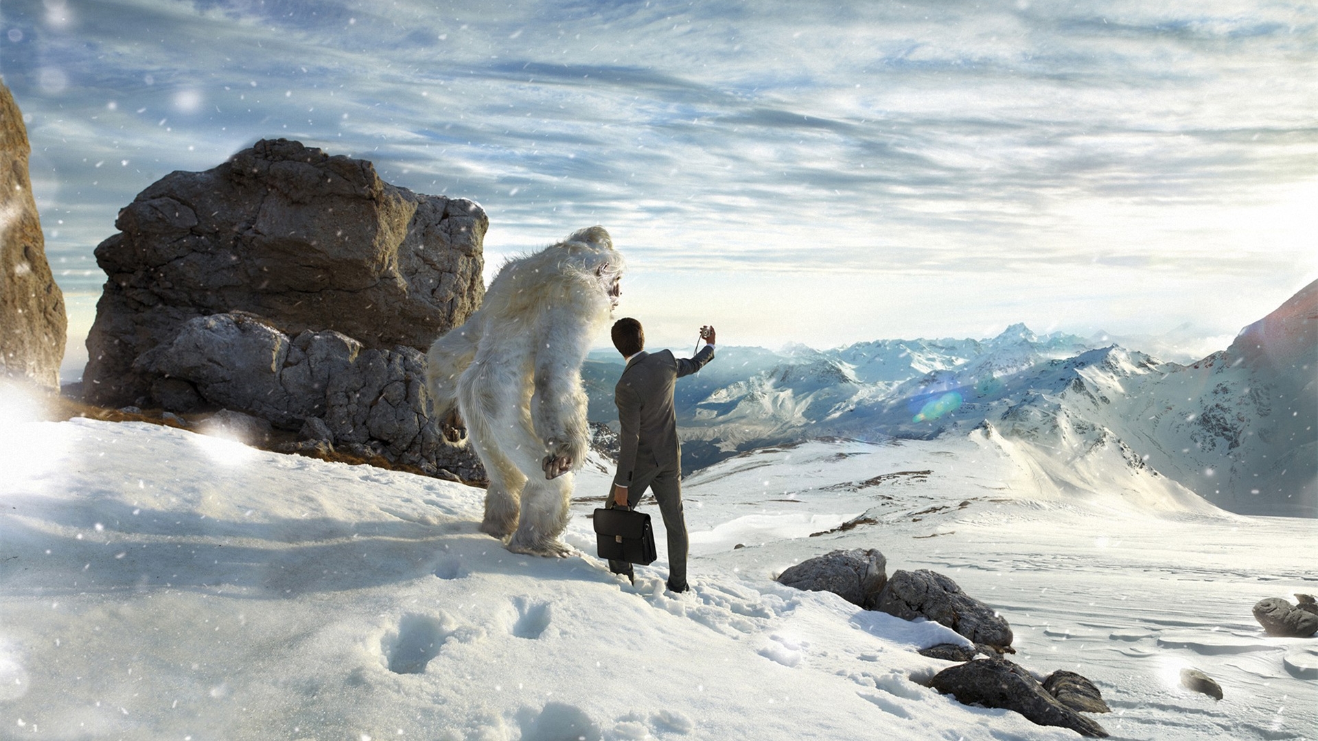 Photoshop Photo Manipulation Animals Nature Humor Selfies Yeti Snowing Snow Mountains 1920x1080