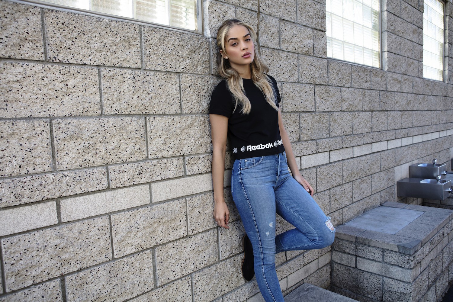 Women Model Blonde Long Hair Jasmine Sanders Jeans Reebok T Shirt Bricks Wall 1500x1000