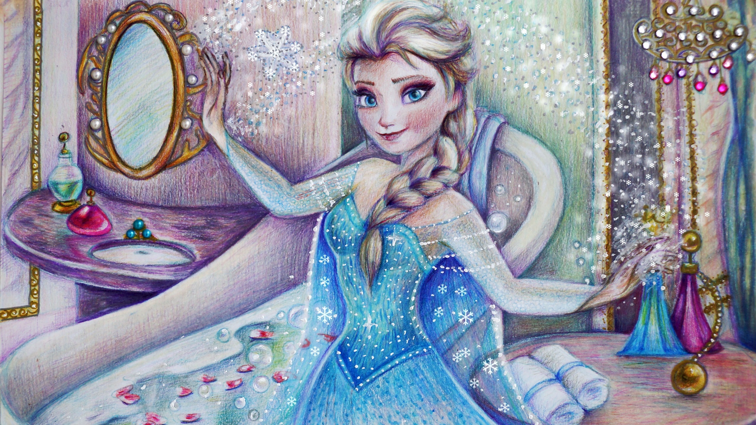 Elsa Frozen Movie Drawing Fantasy Girl Blue Eyes Blue Dress 2560x1440