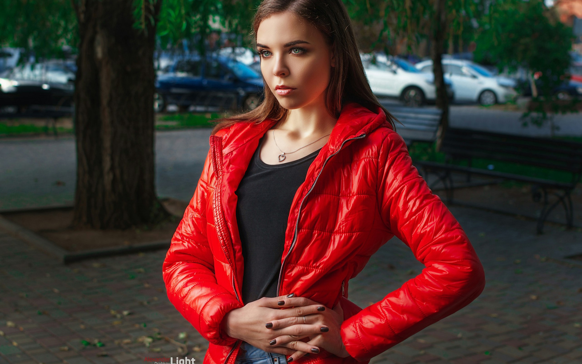 Women Model Brunette Alexander Drobkov Red Jackets Jacket Public Black Tops Necklace Heart Necklace  1920x1200