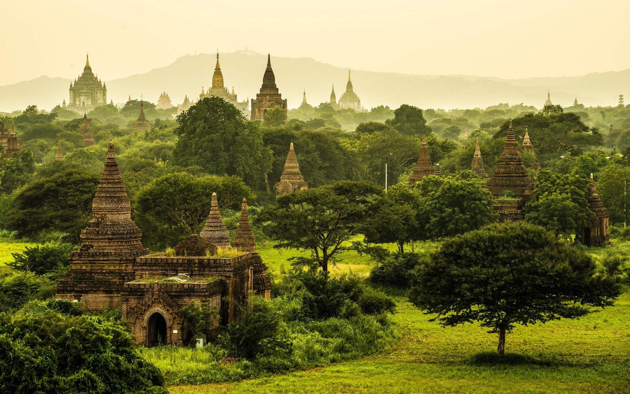 Nature Landscape Myanmar Temple Monastery Buddhism Tropical Trees Grass Mist Green Jungle Old Buildi 2100x1313