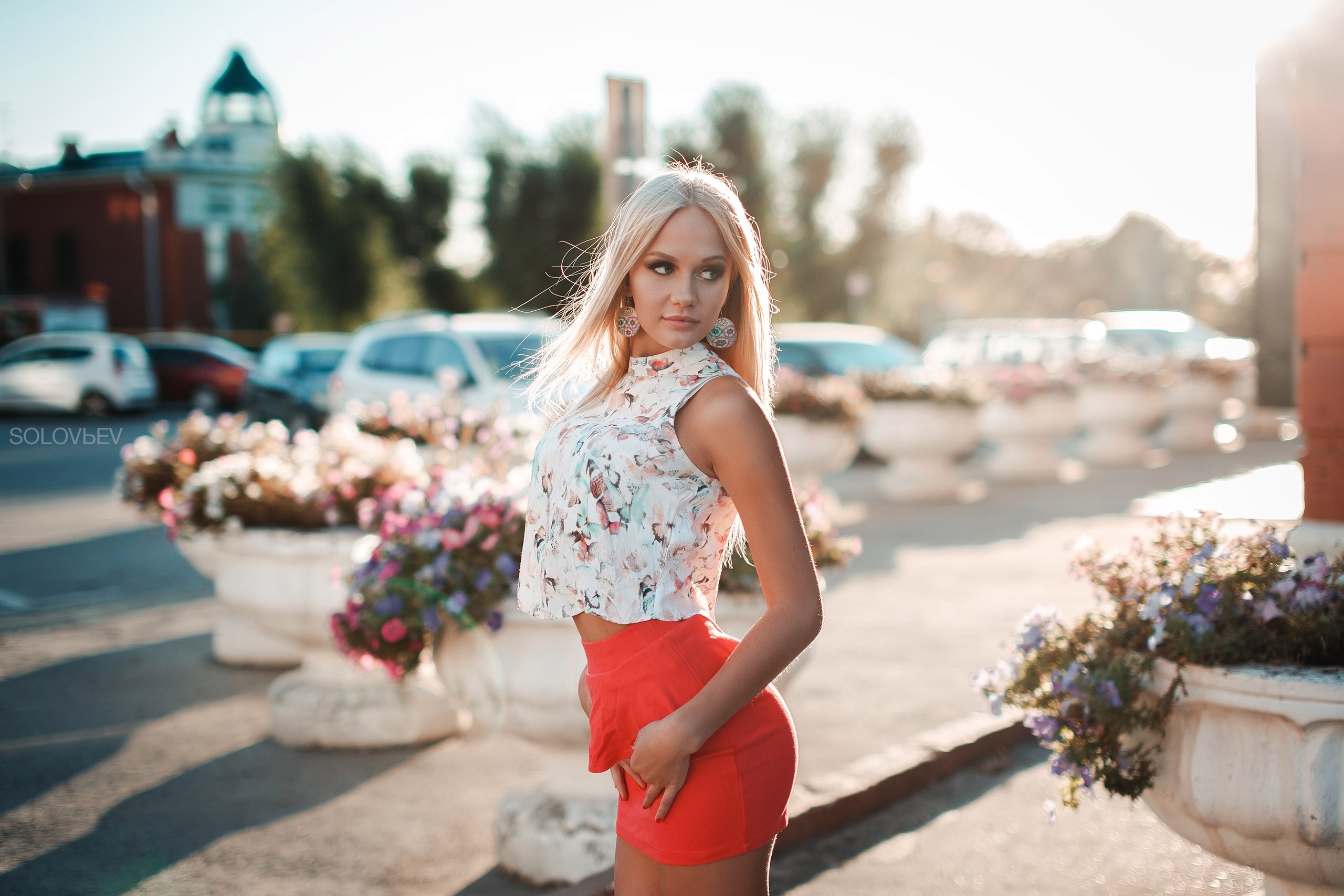 Arina Bezlapova Women Blonde Skirt Women Outdoors Tanned Portrait Long Hair Depth Of Field Solovbev  2560x1707