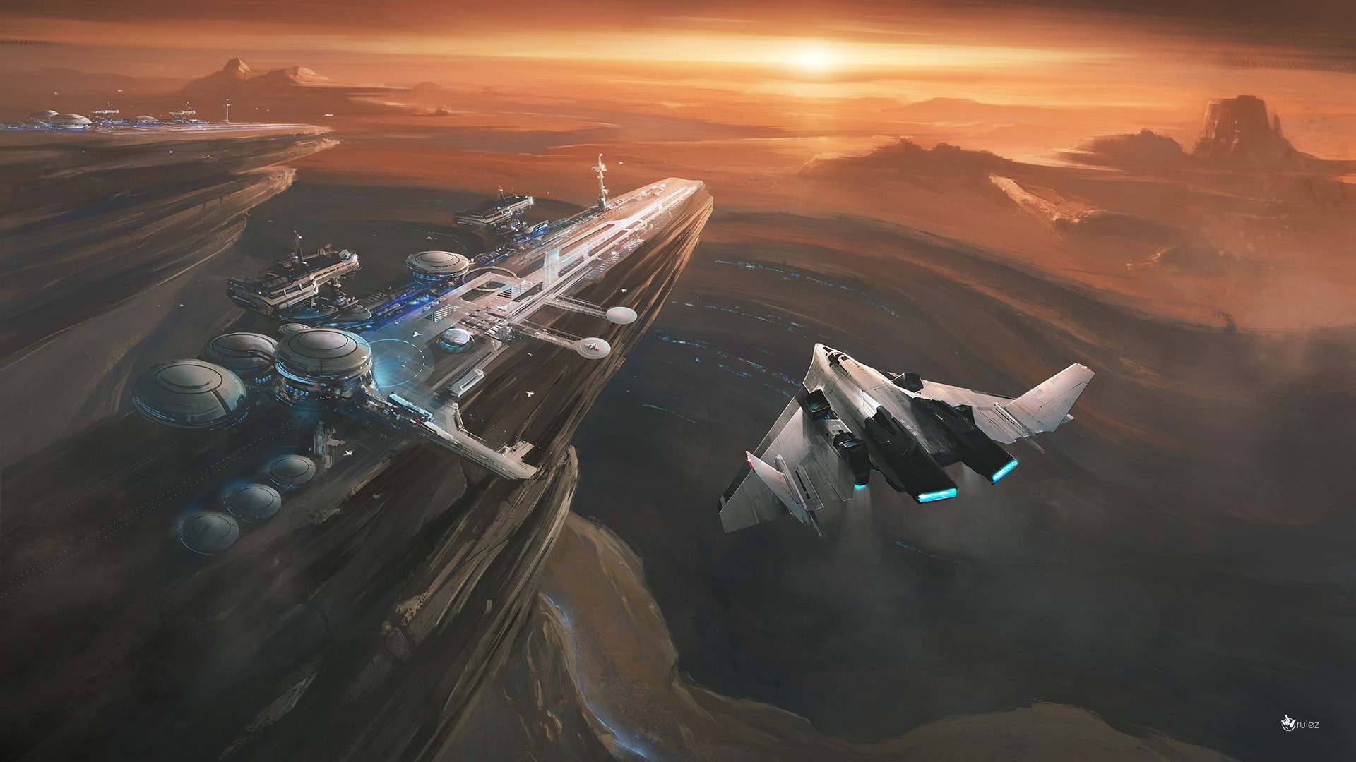 Science Fiction Carrier Planes Sunset 1920x1080