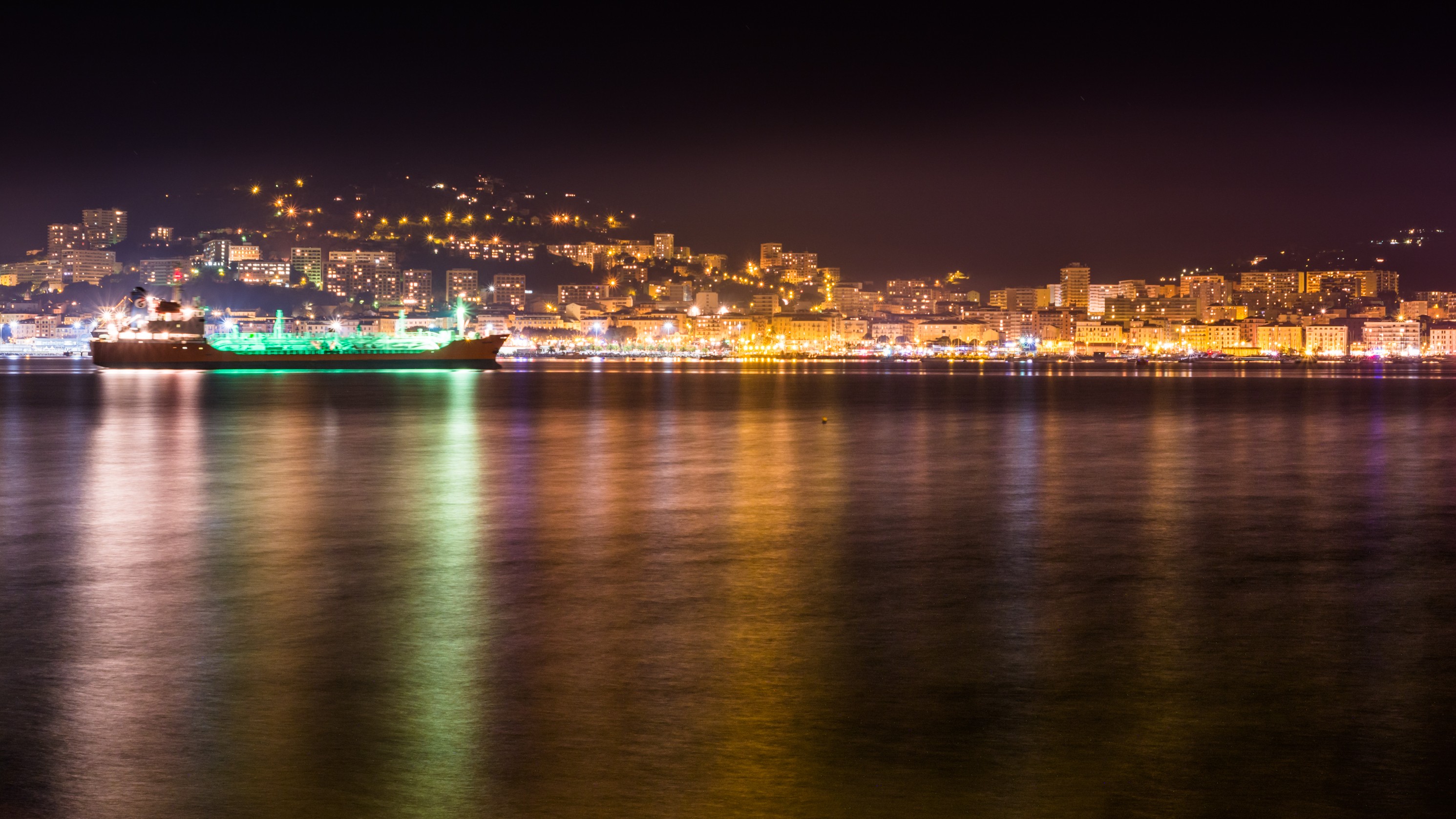 Ajaccio Sea Night Lighter Colorful Cityscape Lights Vehicle Ship 2981x1677