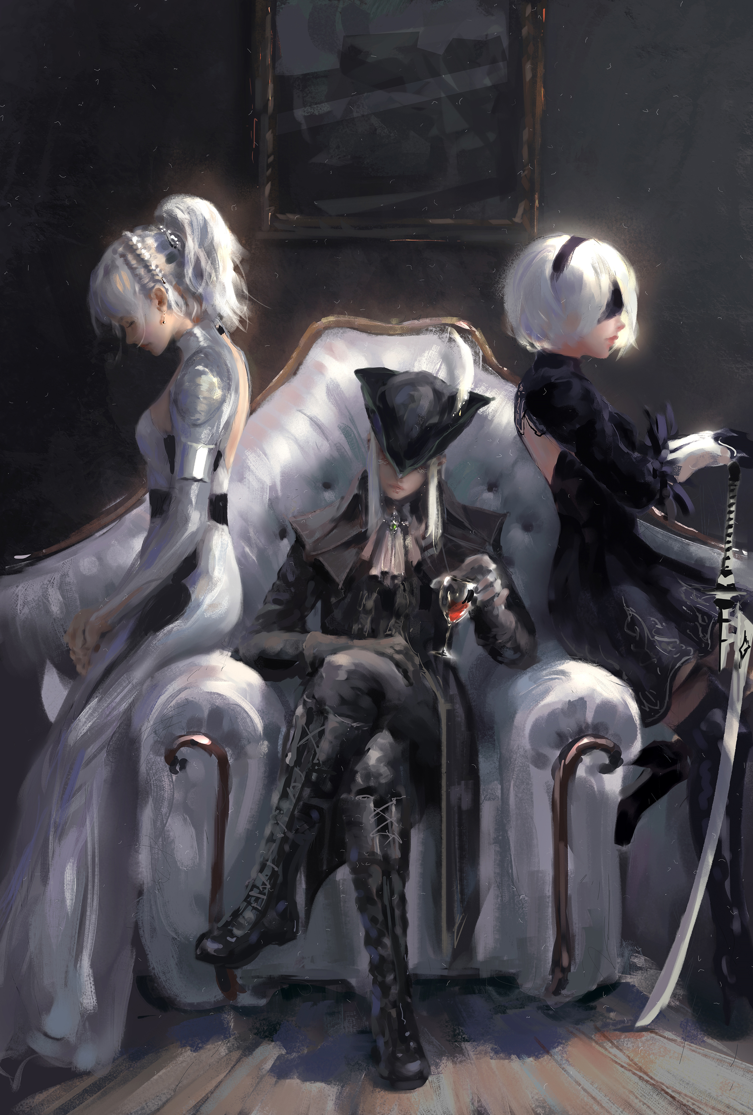 WLOP Luna Final Fantasy XV Lady Maria 2B Nier Automata Couch Sword Final Fantasy XV Bloodborne Nier  2592x3840