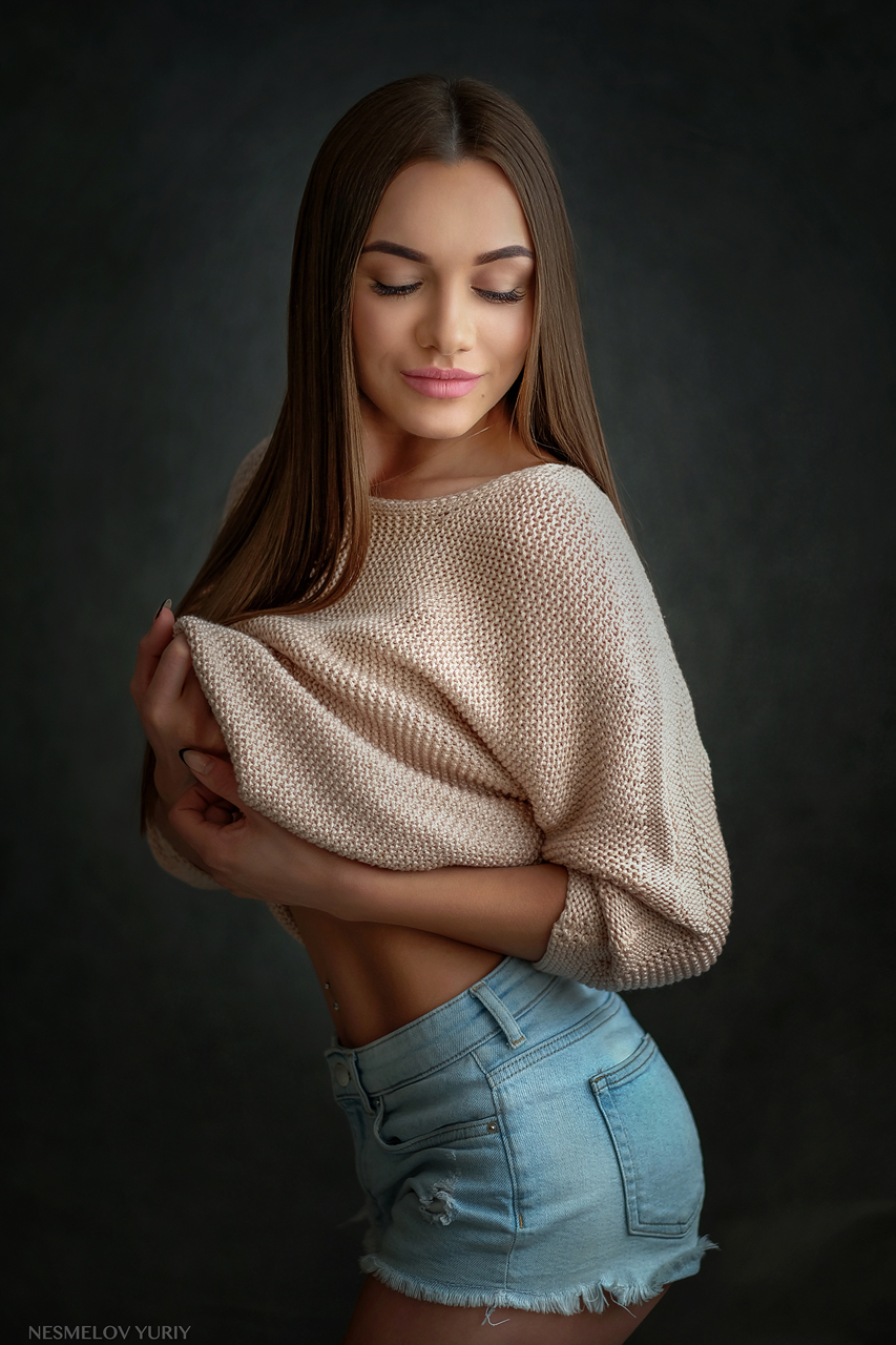 Women Model Brunette Long Hair Yury Nesmelov Sweater Closed Eyes Portrait Display 853x1280